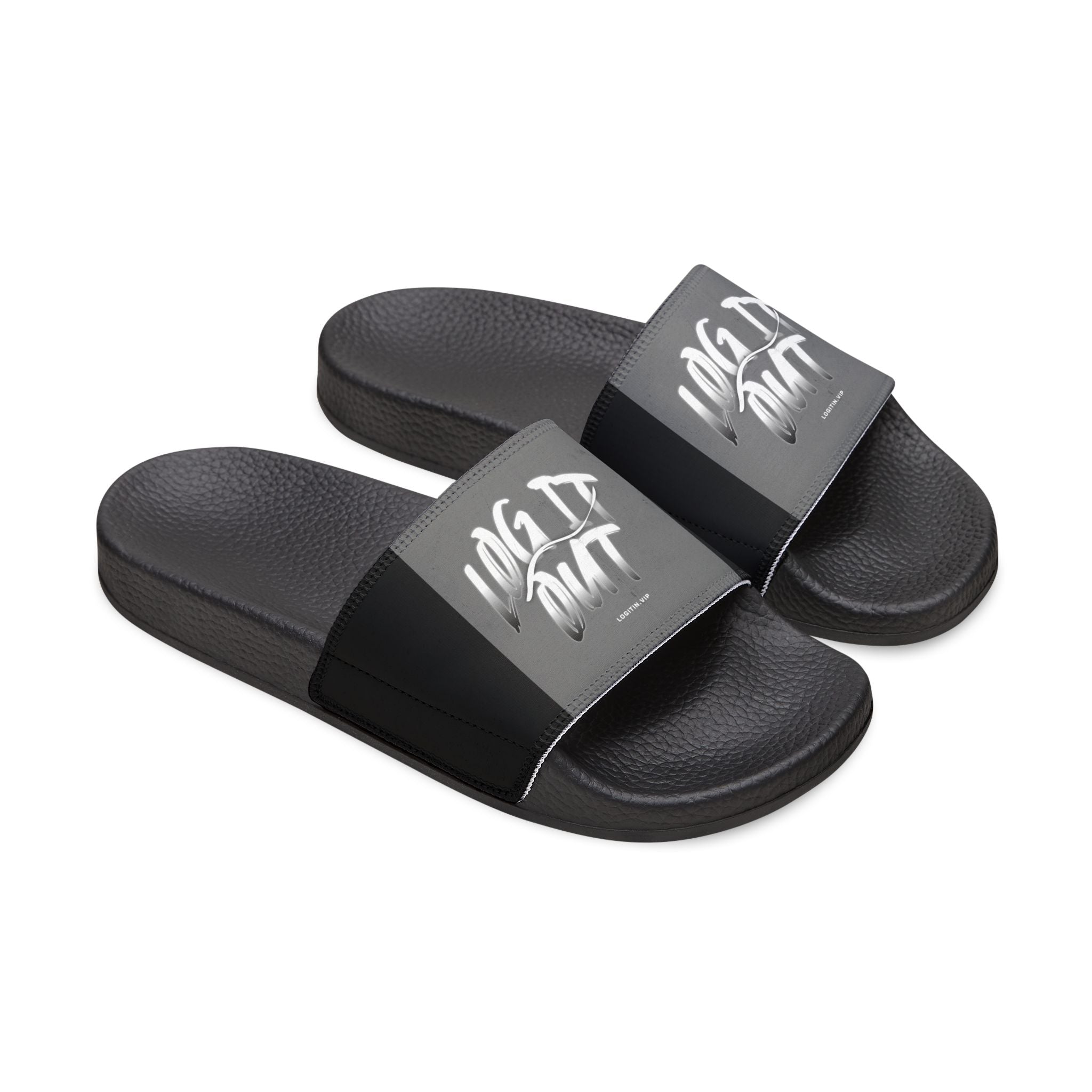 Men's Slide Sandals — 'Log it out' Graphic Removable-Strap Pool Slides