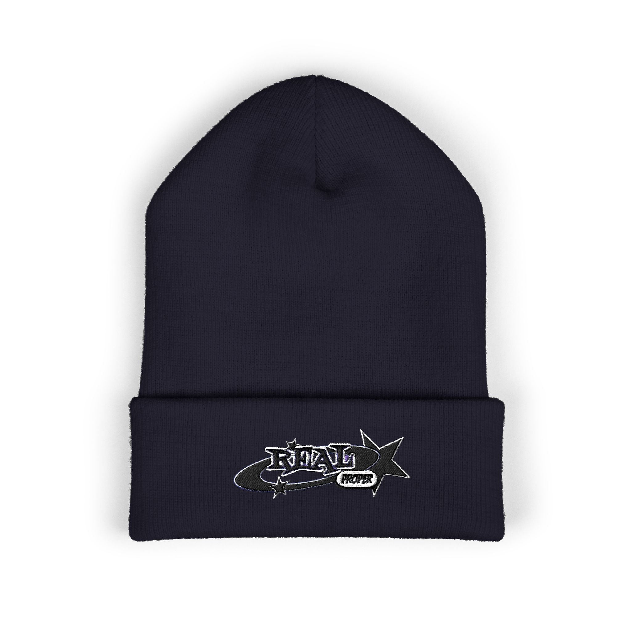 Embroidered 'Real Properl' Star Cuffed Beanie — Classic Winter Knit Hat