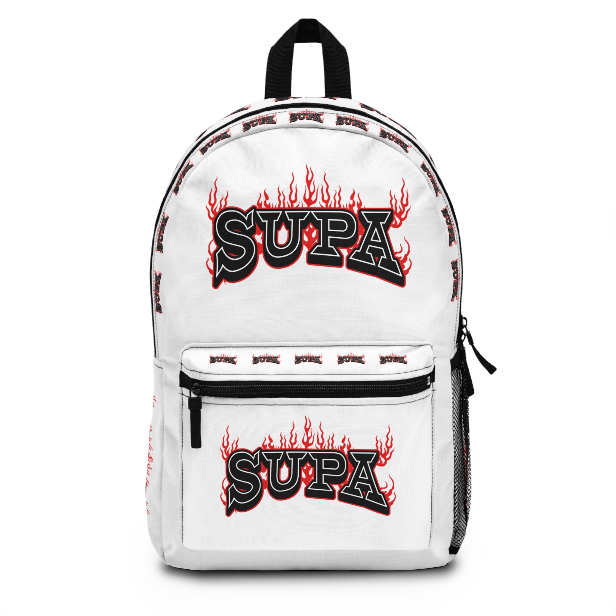 Supa Flame Graphic Backpack – White Streetwear Pack with 'SUPA' Flame Logo