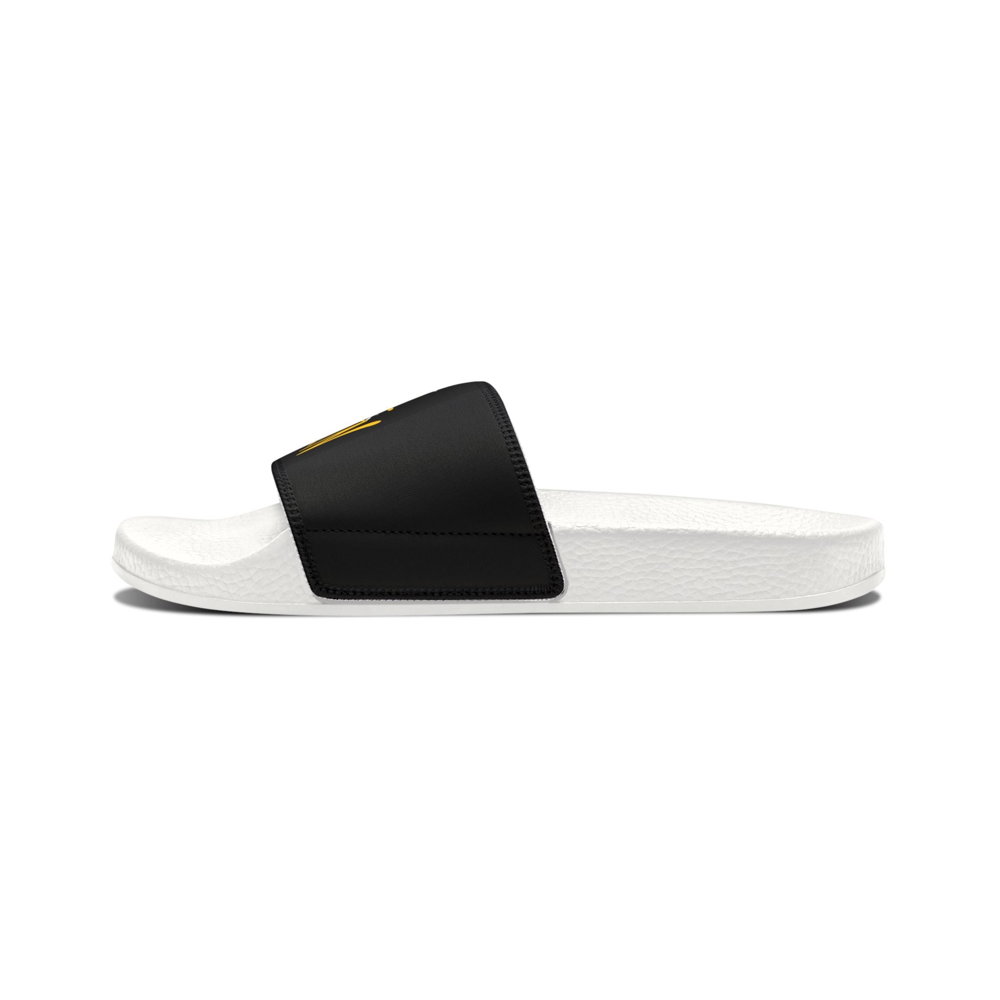 Slide Sandals — Black Straps with Yellow Graffiti "Tell em Log it in" Design