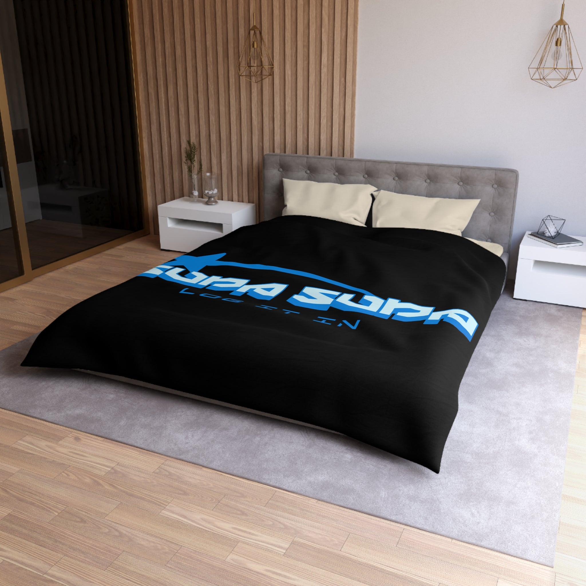 Duvet Cover — Black 'Supa Supa Log It In' Graphic Microfiber Bedding