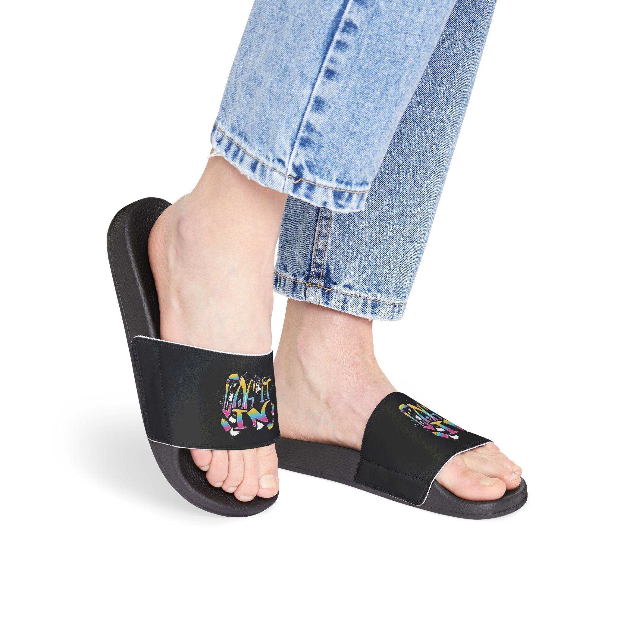 Women's Slide Sandals — Colorful Graffiti 'LOG IT IN' Removable-Strap Slides
