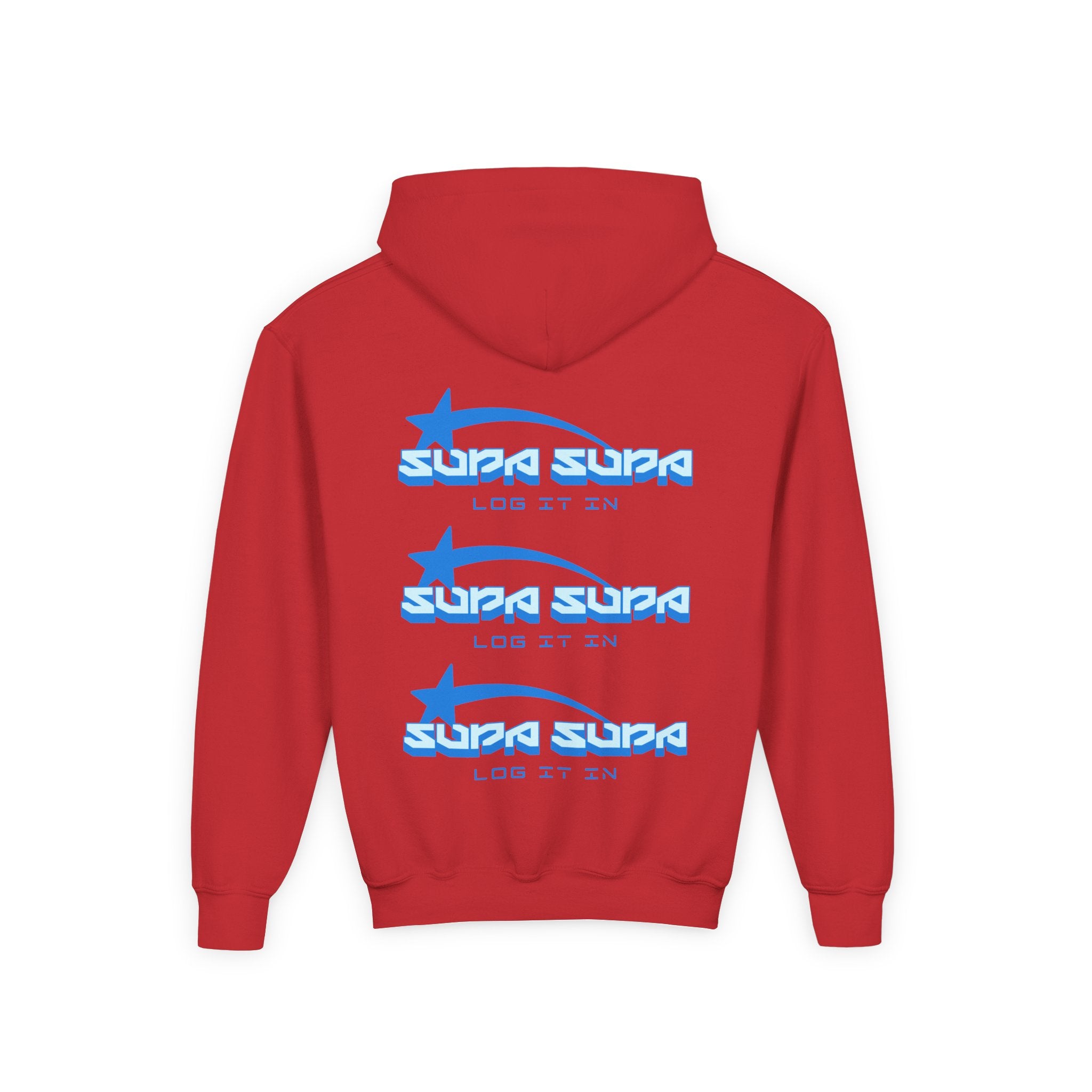 Youth Hoodie - Retro Blue "Supa Supa" Logo "Log It In" Graphic