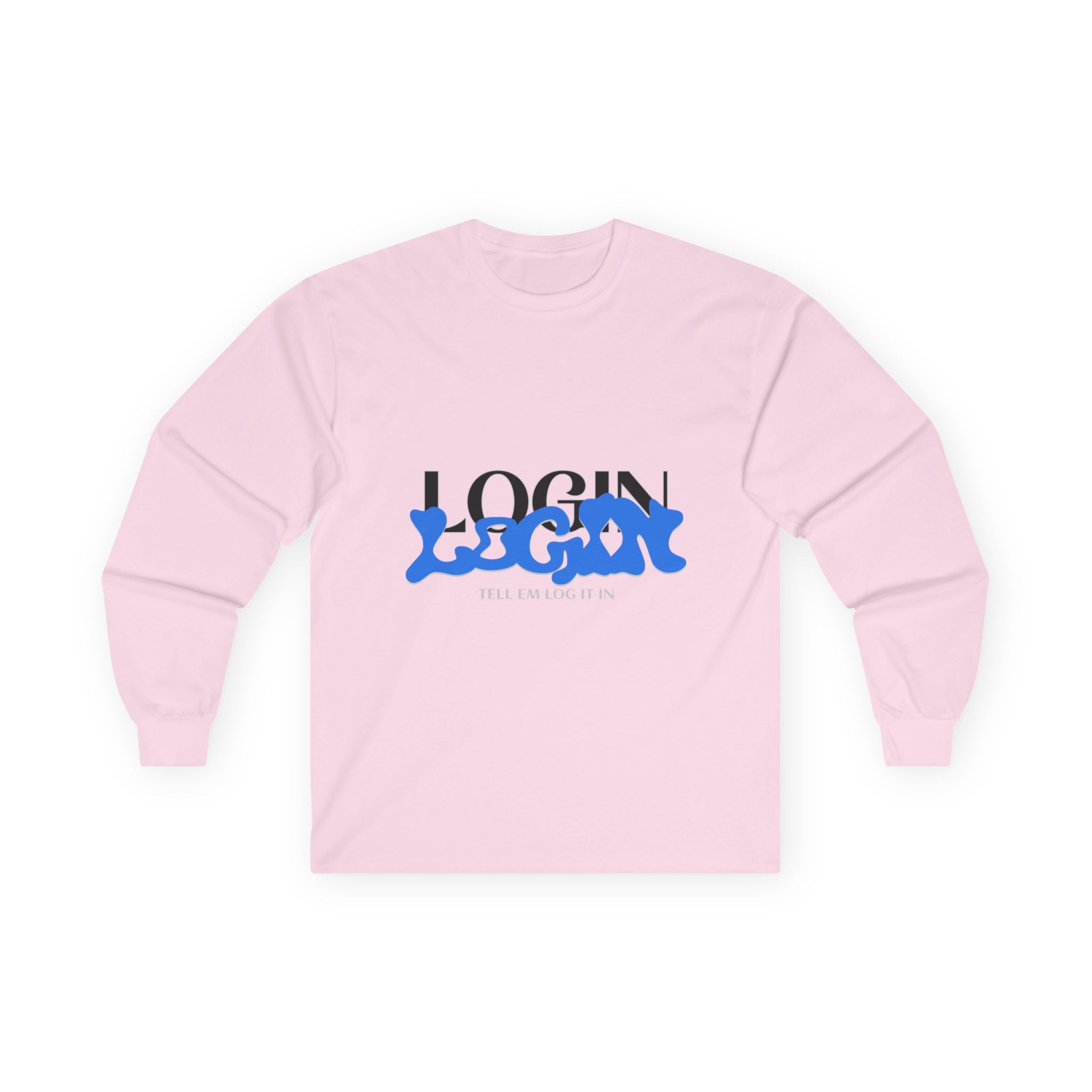 Long Sleeve Tee — "Login" Blue Script Graphic