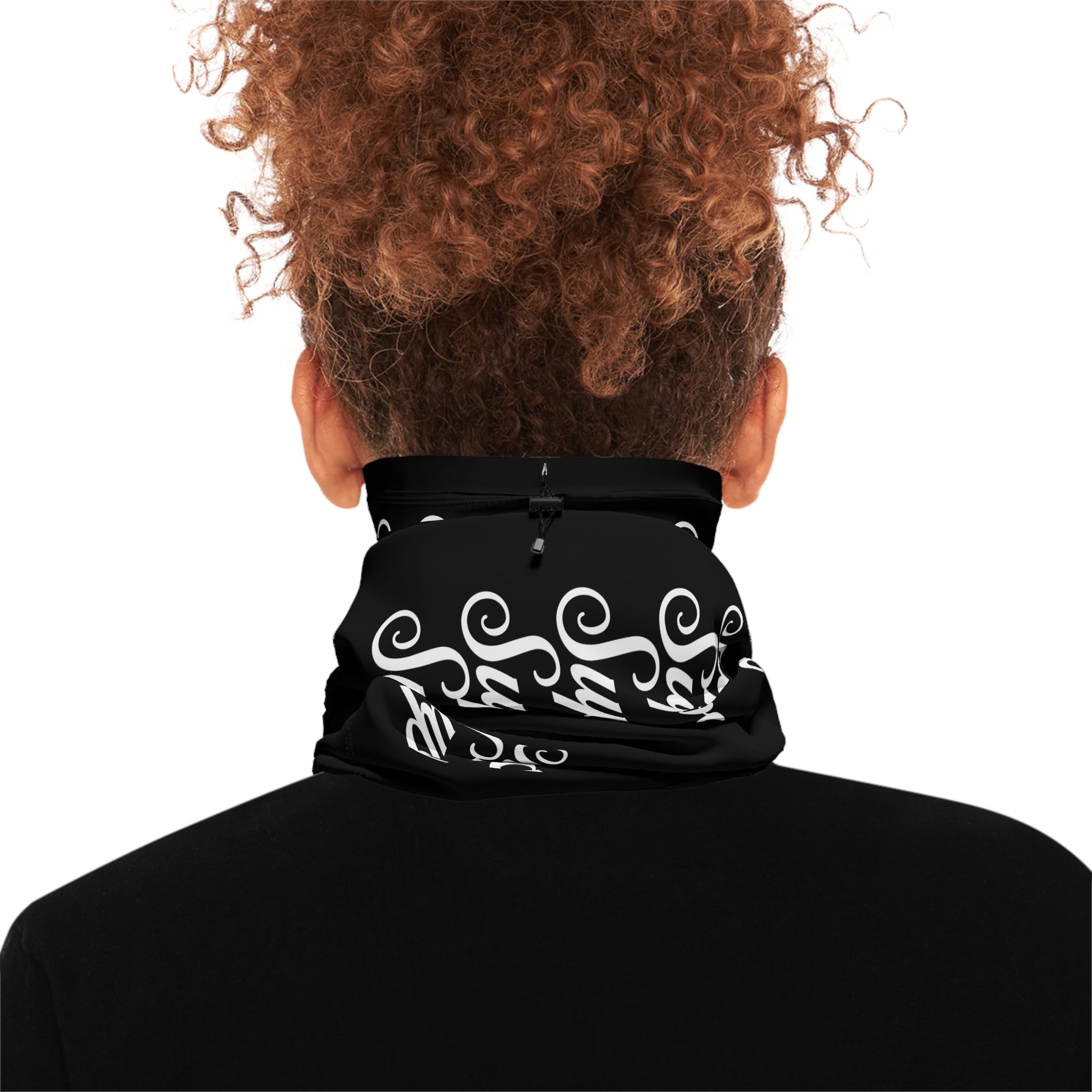 Neck Gaiter — Black "Supa" Repeat Logo Winter Face Mask with Drawstring