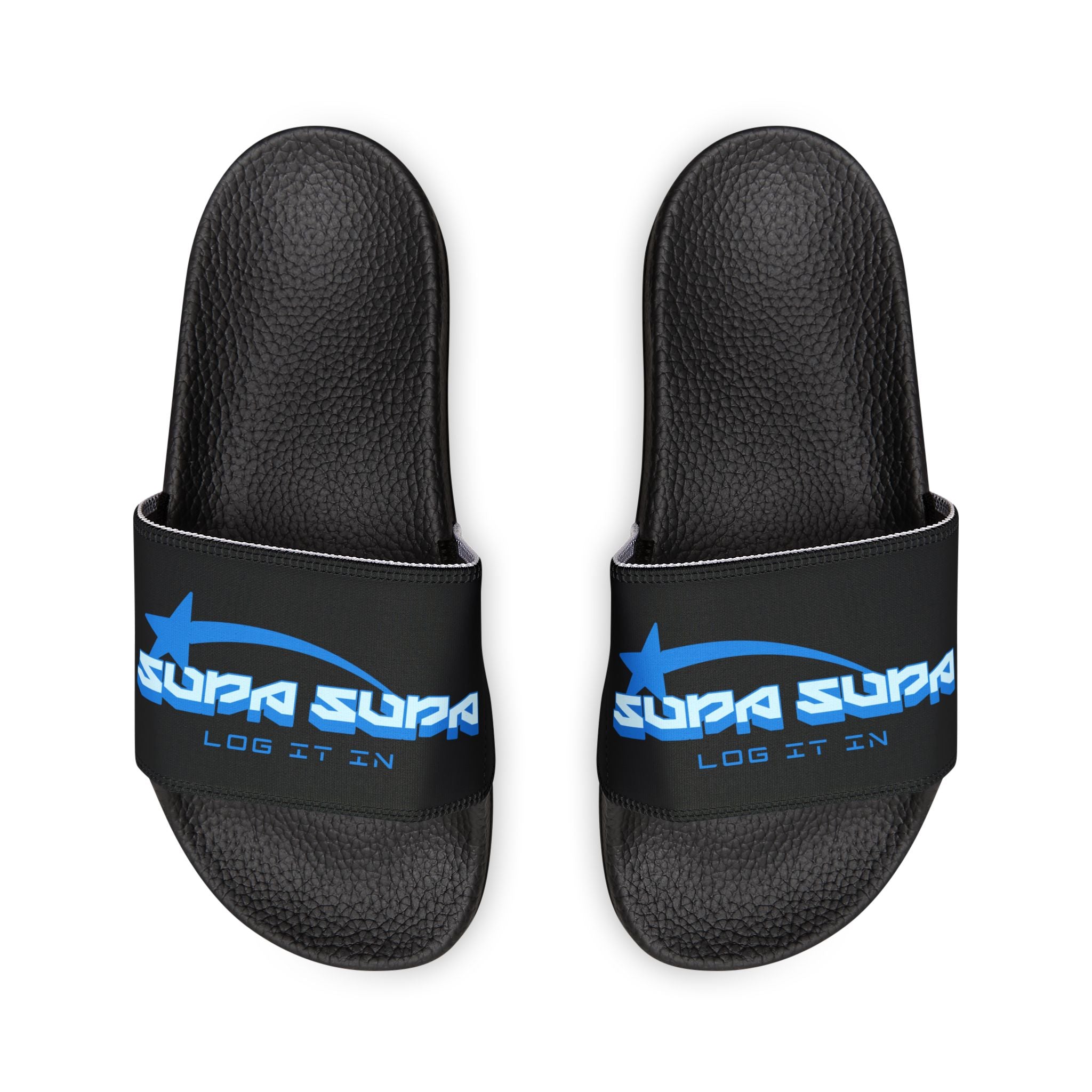 Youth Slide Sandals — Black Strap with Blue “SUPA SUPA” Logo