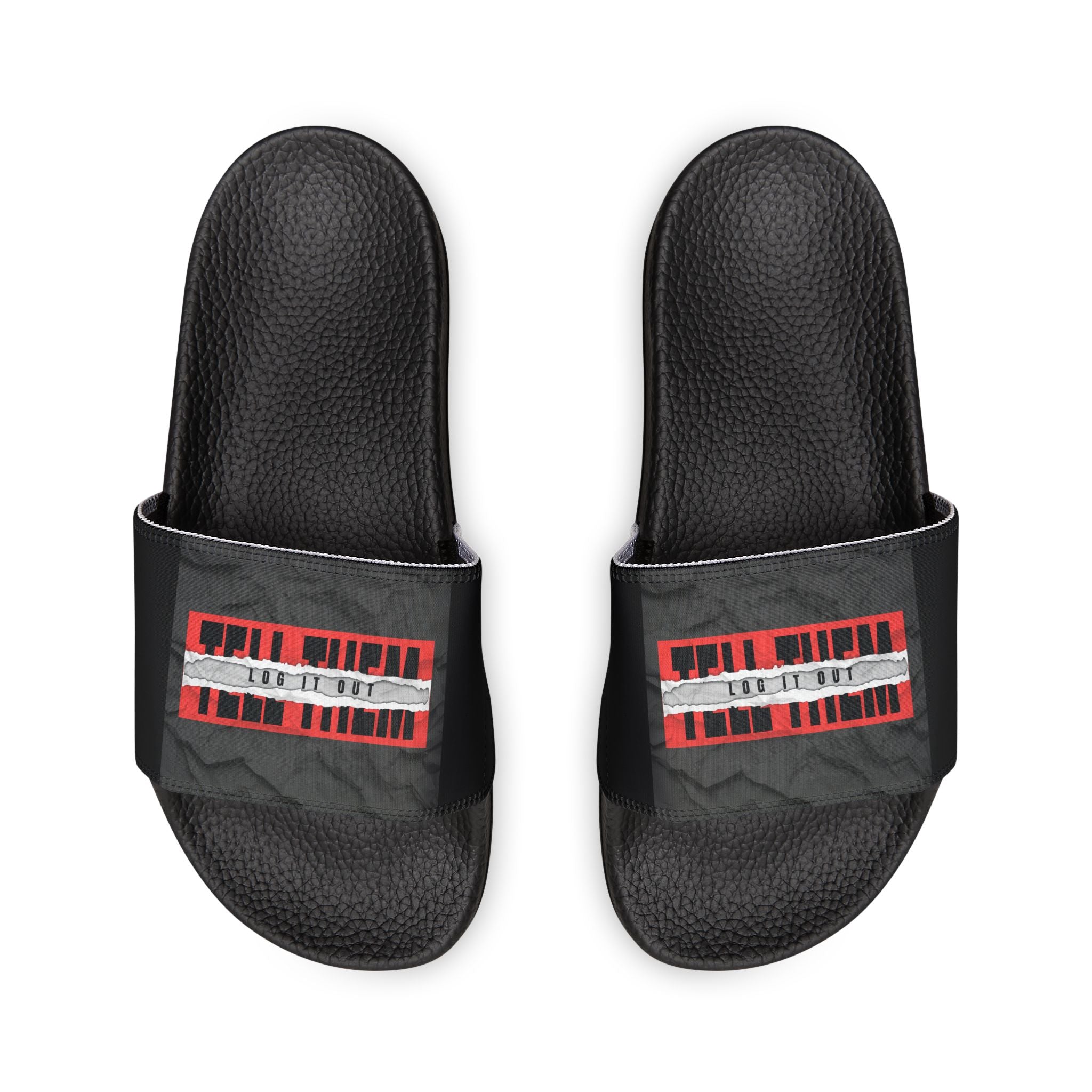 Women's Removable-Strap Slide Sandals — White Casual Slides with "LOG IT OUT" Graphic