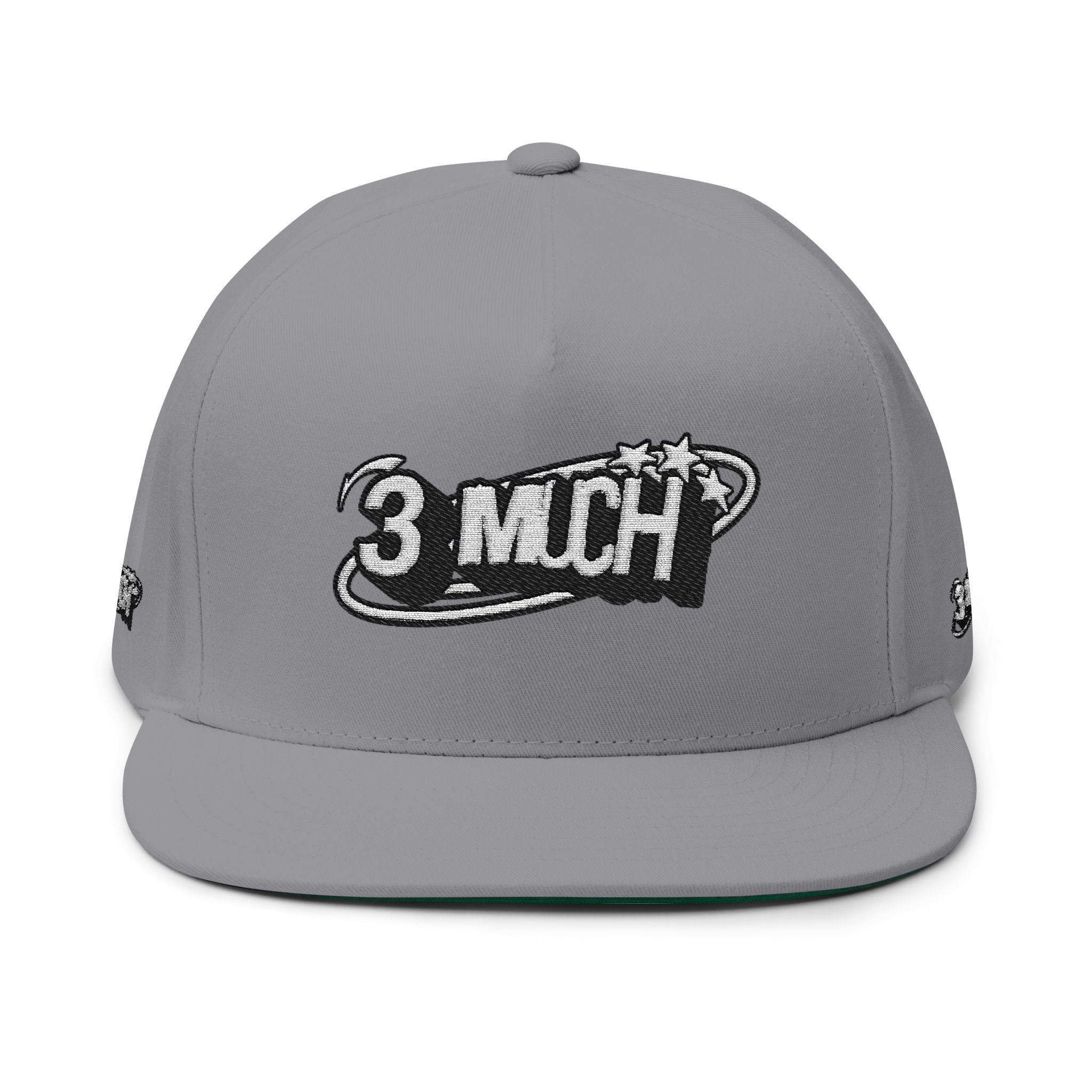 Embroidered Flat Bill Cap — 3 MuCH Retro Logo Snapback