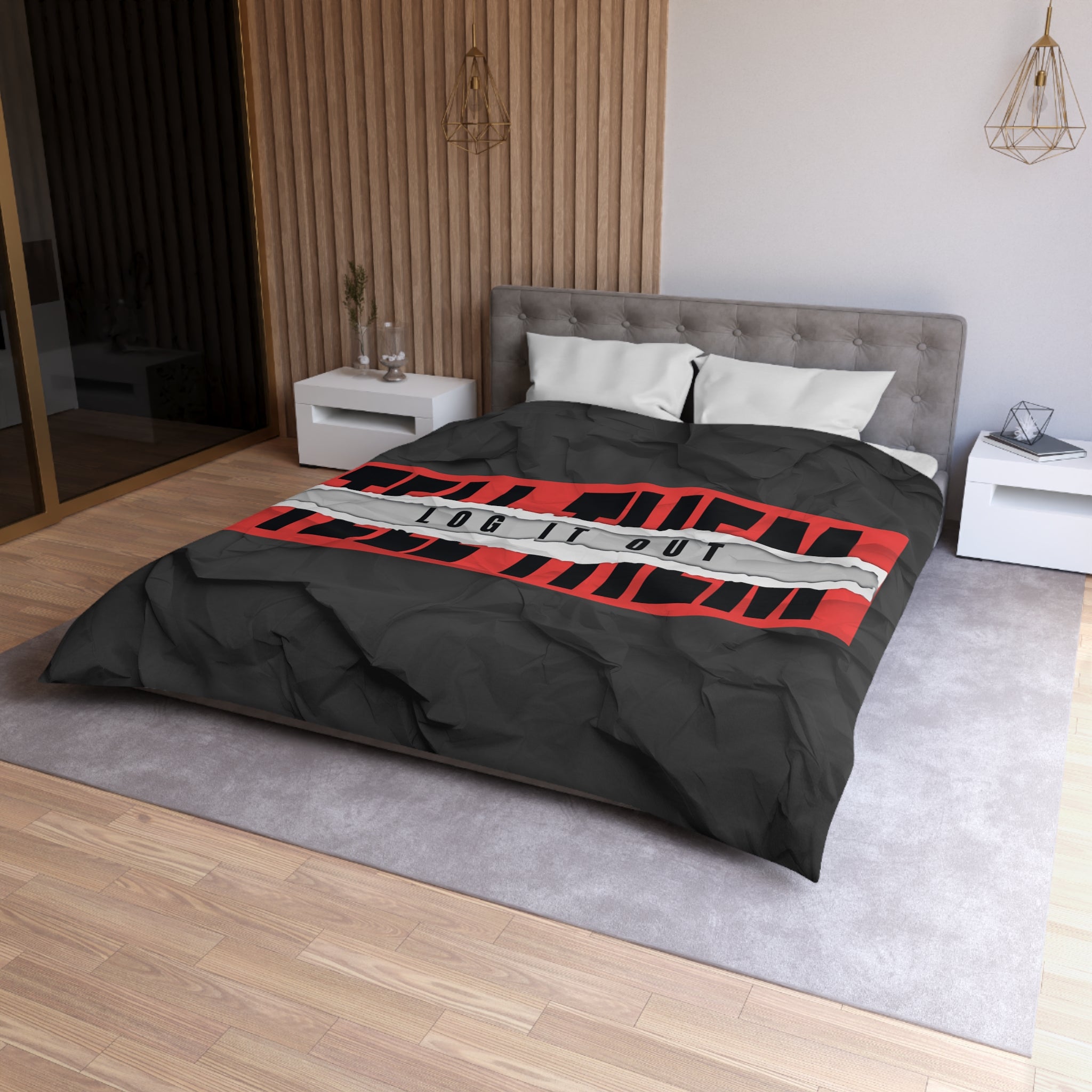 Duvet Cover — Bold 'Log It Out' Graphic Microfiber Duvet (Crinkled Black & Red)