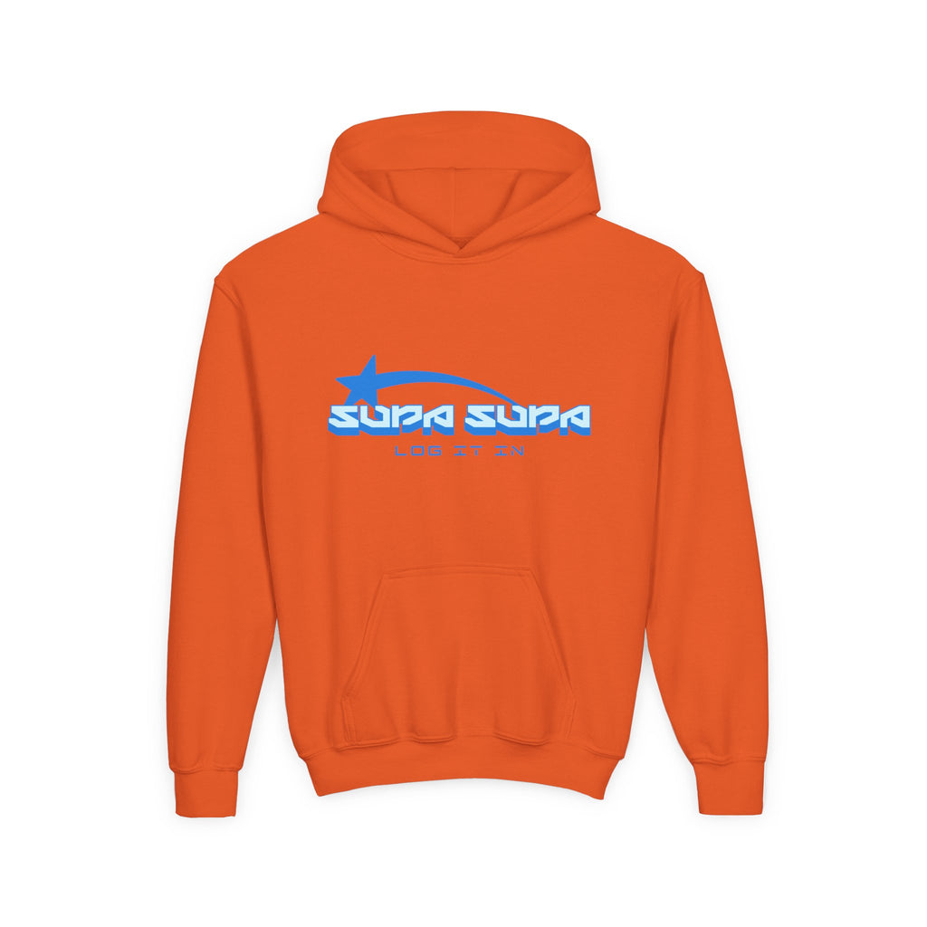 Youth Hoodie - Retro Blue "Supa Supa" Logo "Log It In" Graphic