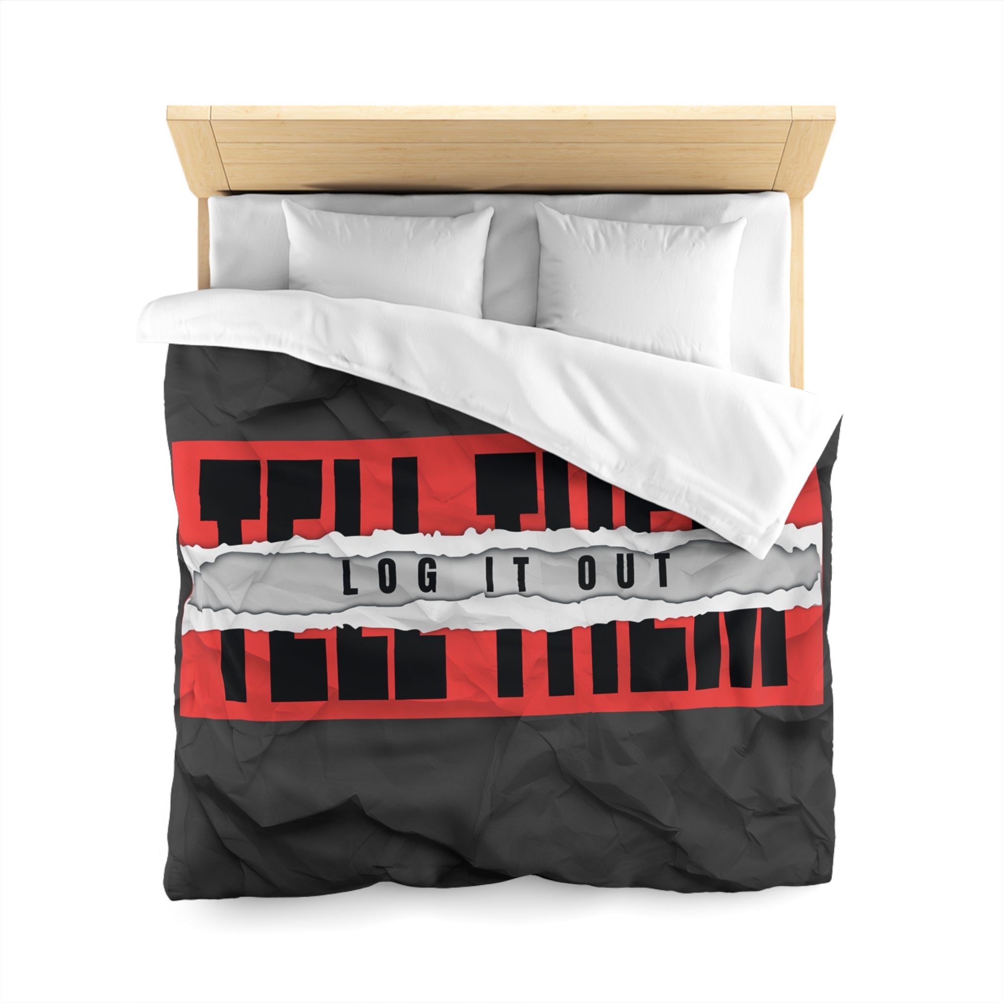 Duvet Cover — Bold 'Log It Out' Graphic Microfiber Duvet (Crinkled Black & Red)