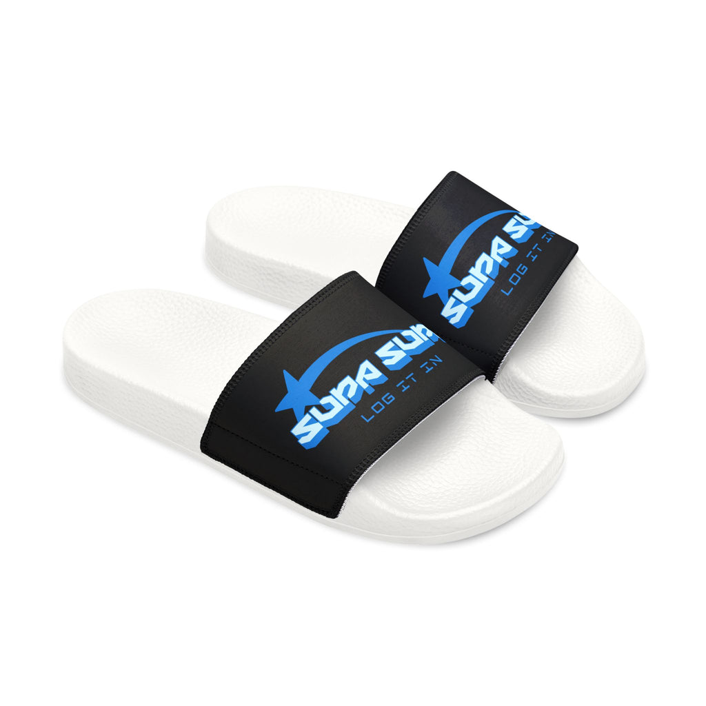 Youth Slide Sandals — Black Strap with Blue “SUPA SUPA” Logo