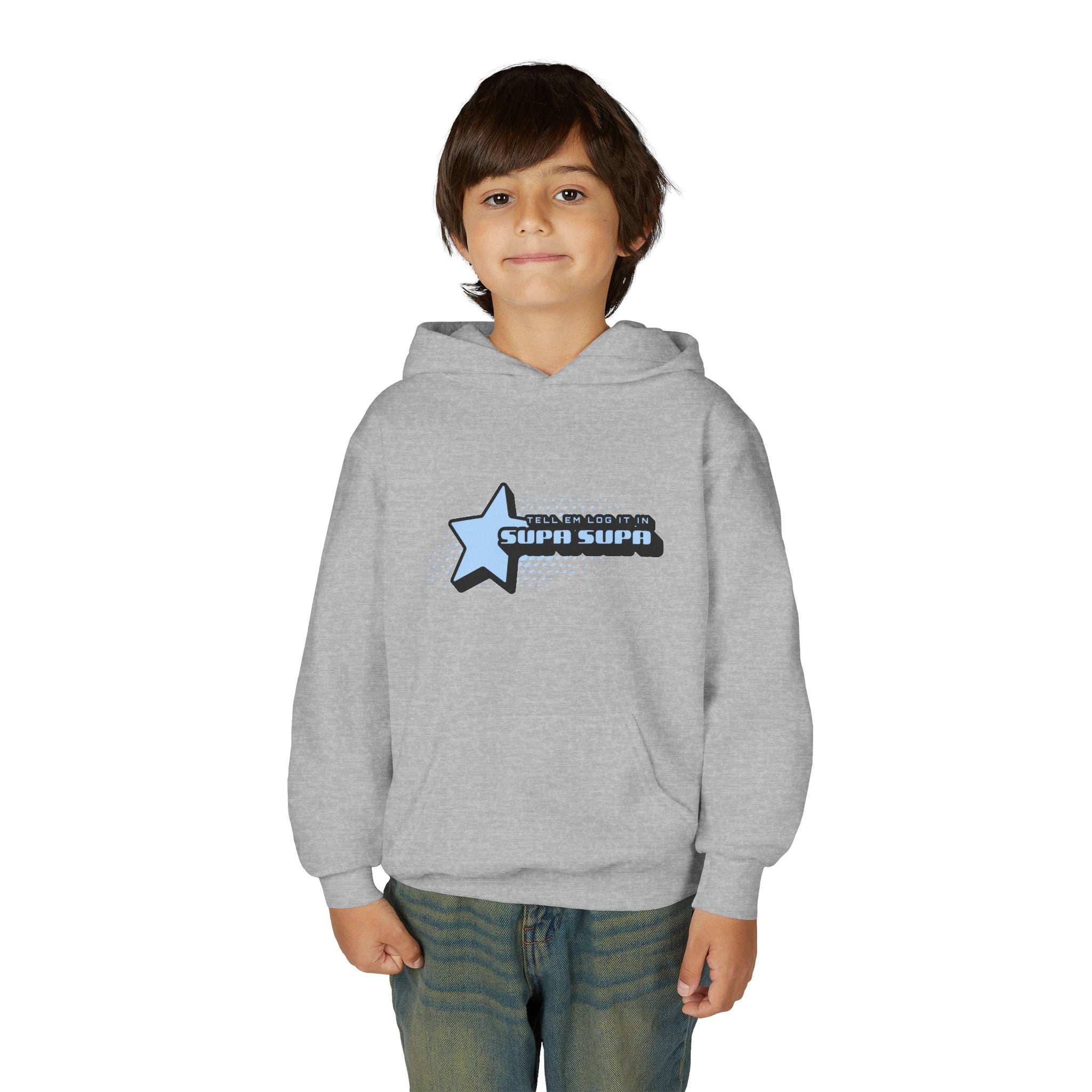 Youth Hoodie — Blue Star "SUPA SUPA" Graphic Pullover