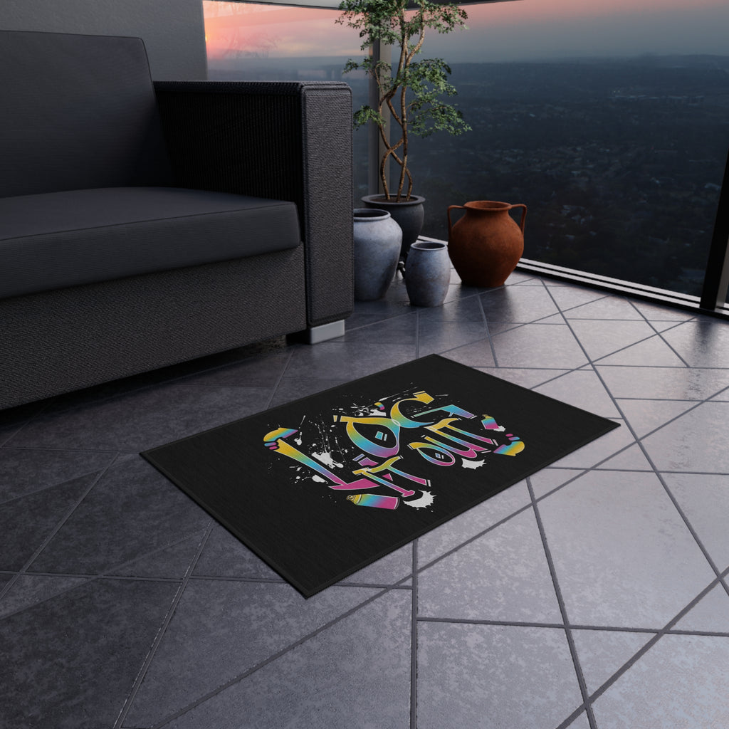 Outdoor Rug — "Log It Out" Graffiti-Style Patio Mat