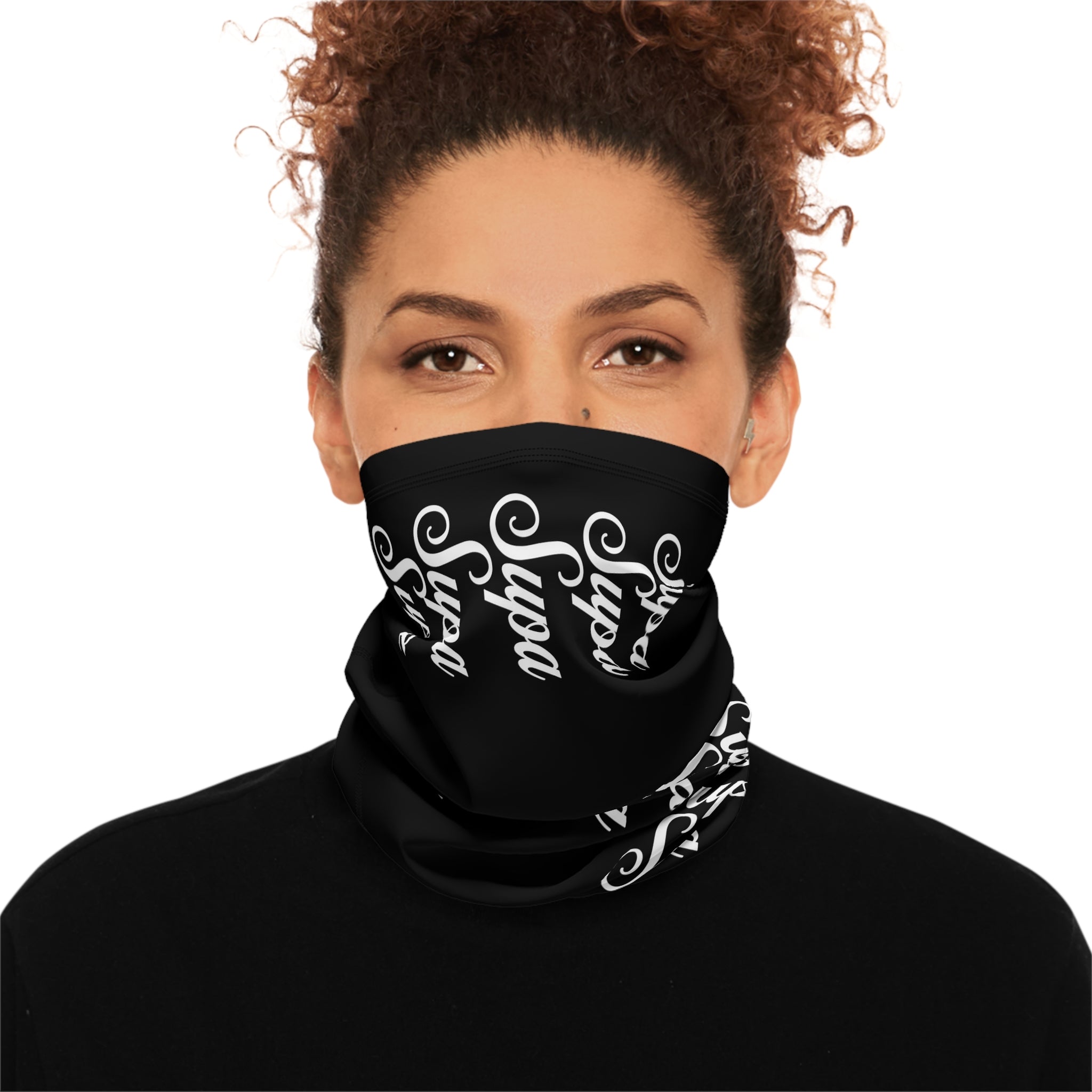 Neck Gaiter — Black "Supa" Repeat Logo Winter Face Mask with Drawstring