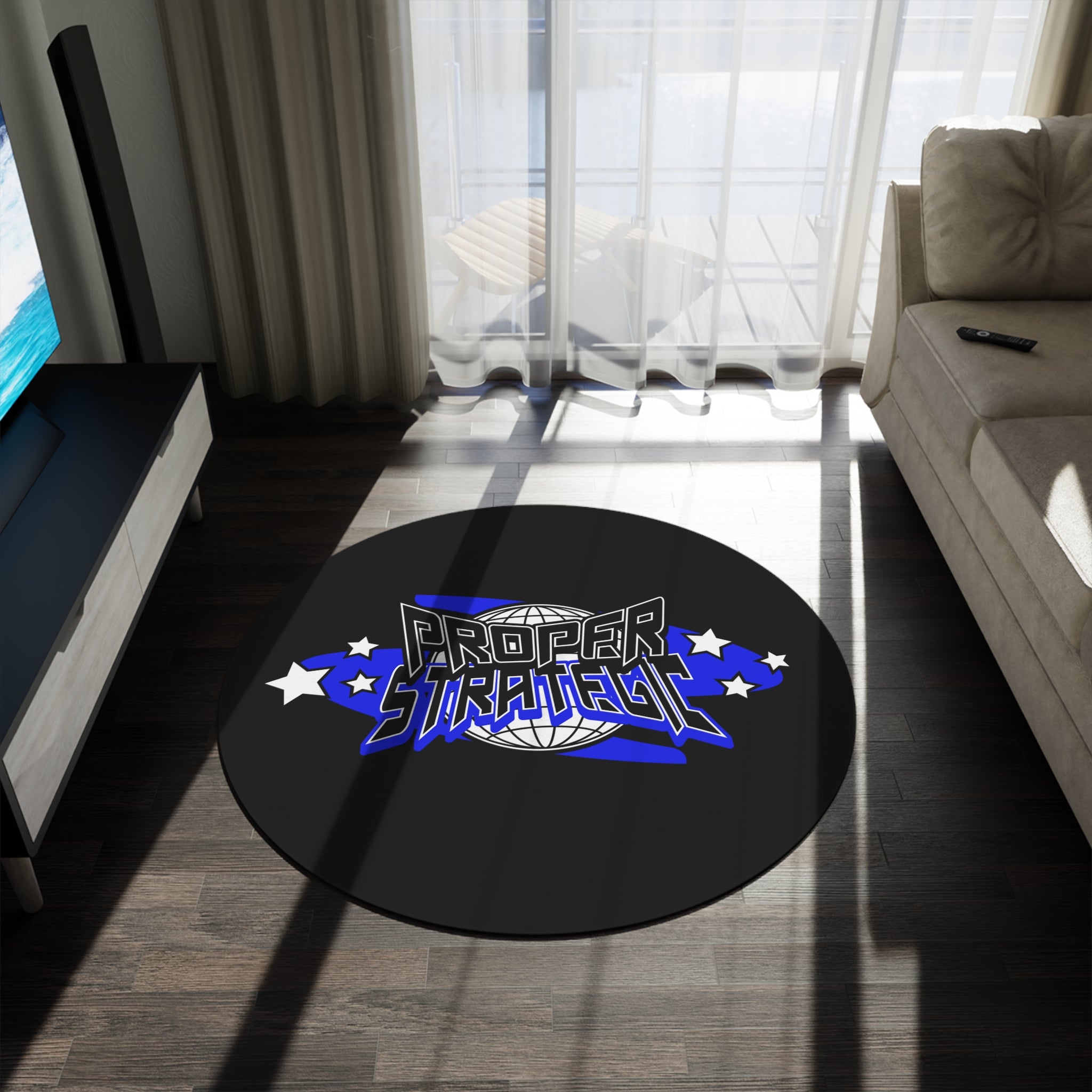Round Rug — 'Proper Strategic' Retro Space Logo Floor Mat