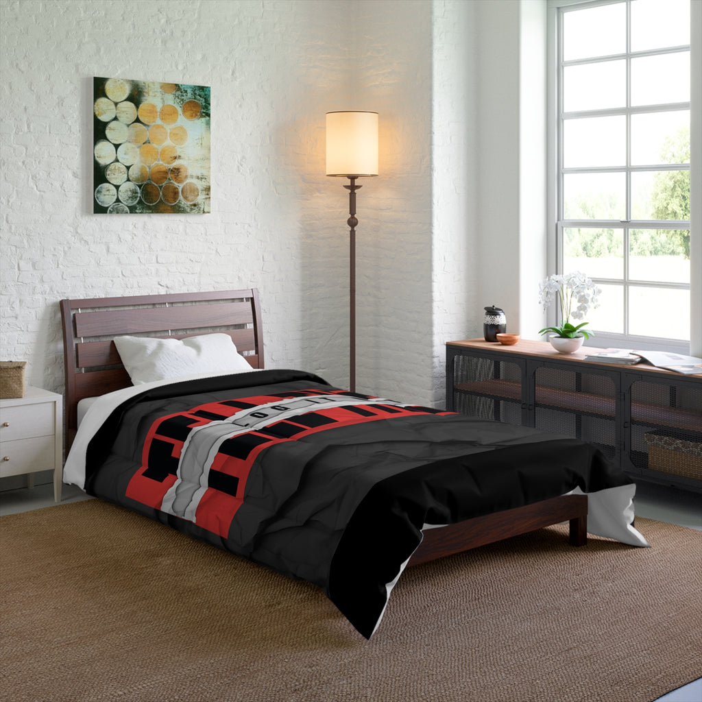 Log It Out Comforter – Bold Black & Red Graphic Bedding