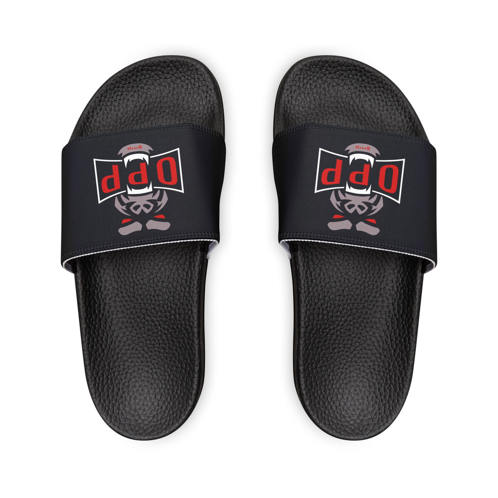 Women's Slide Sandals — Black Strap with 'Opp' Logo Graphic