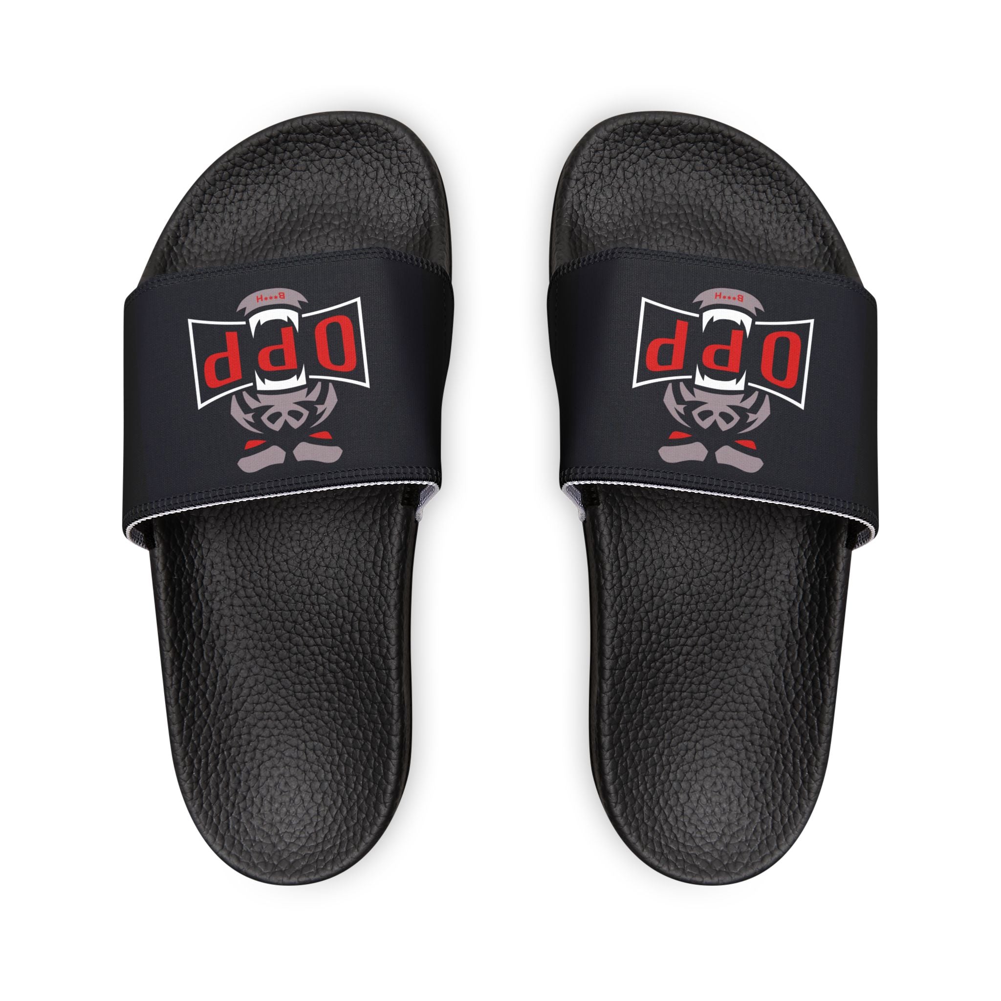 Women's Slide Sandals — Black Strap with 'Opp' Logo Graphic