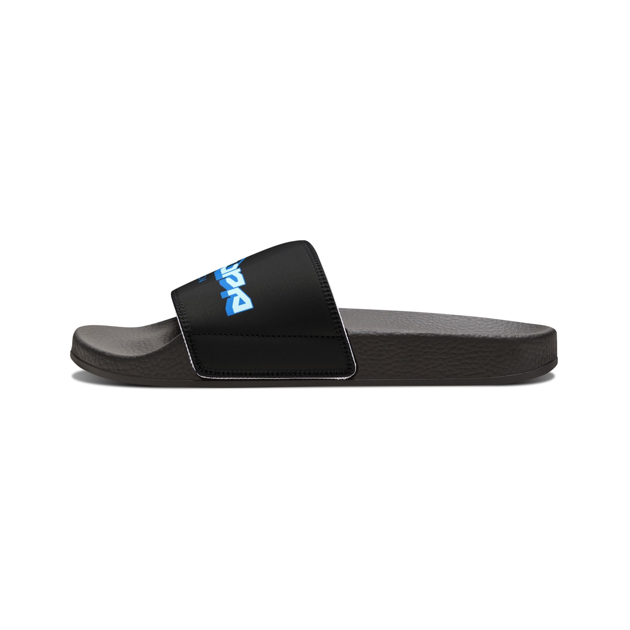 Youth Slide Sandals — Black Strap with Blue “SUPA SUPA” Logo