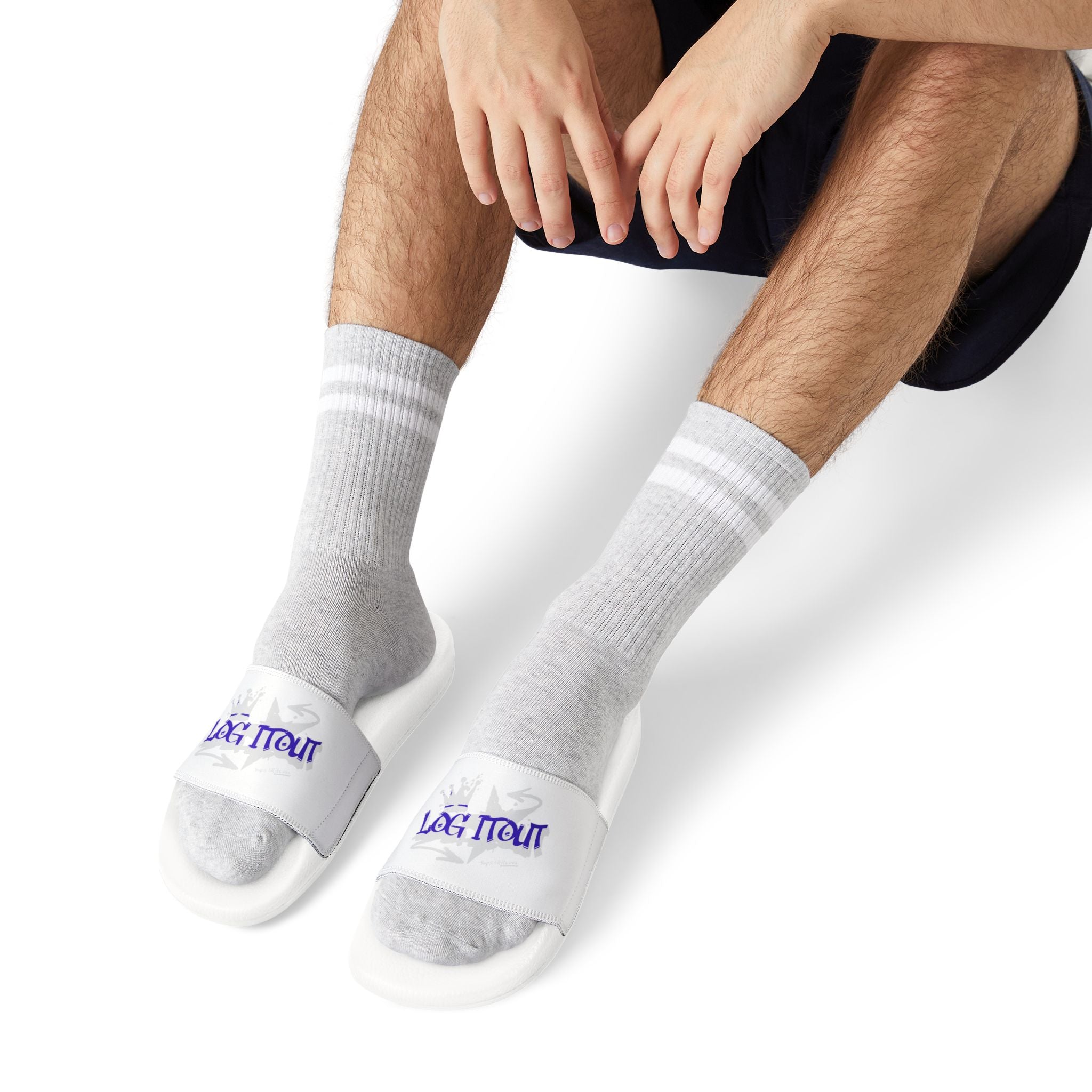 Men's Slide Sandals — White Removable-Strap Slides with 'Log it out' Graphic