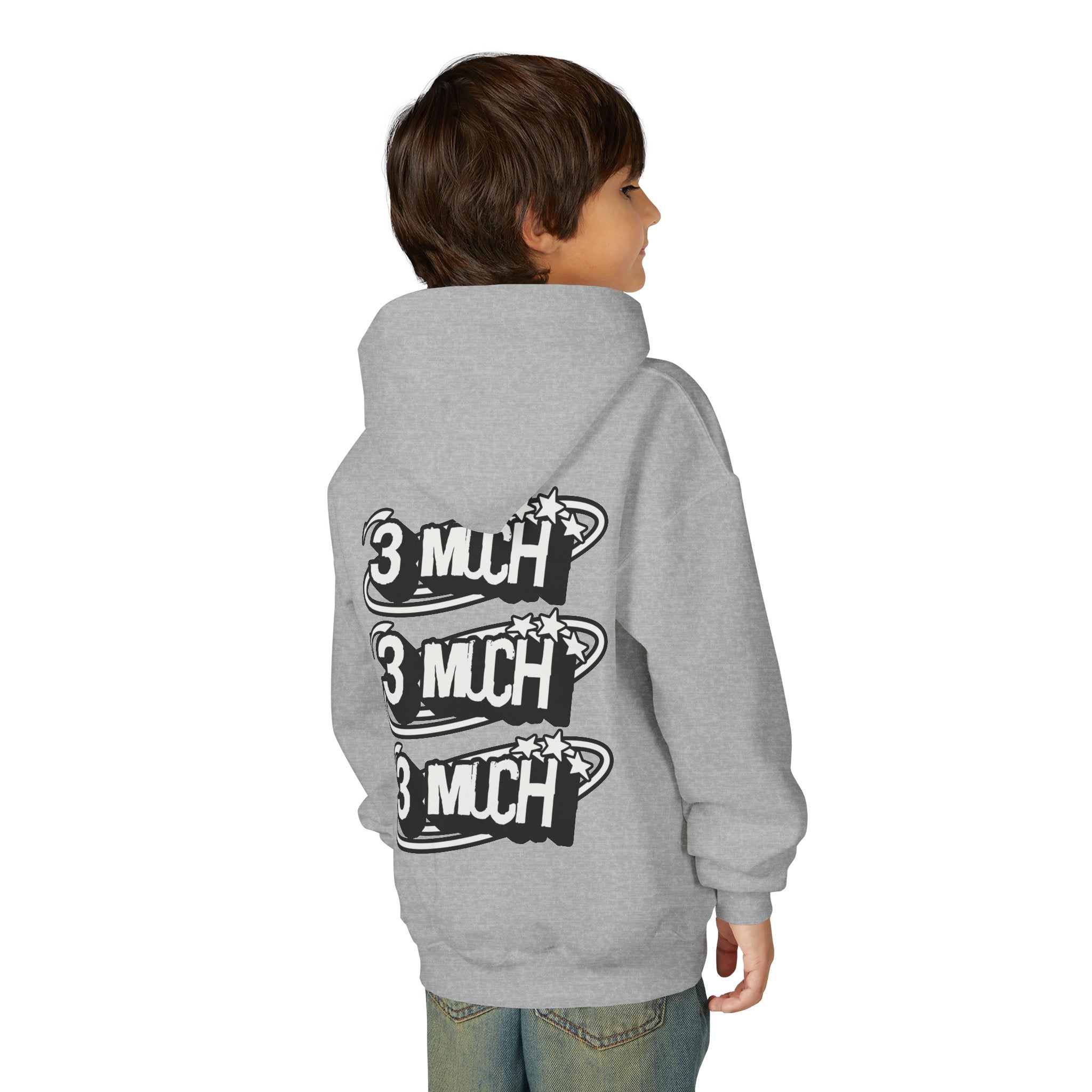 Youth Hoodie — Retro '3 MUCH'Style Graphic Pullover