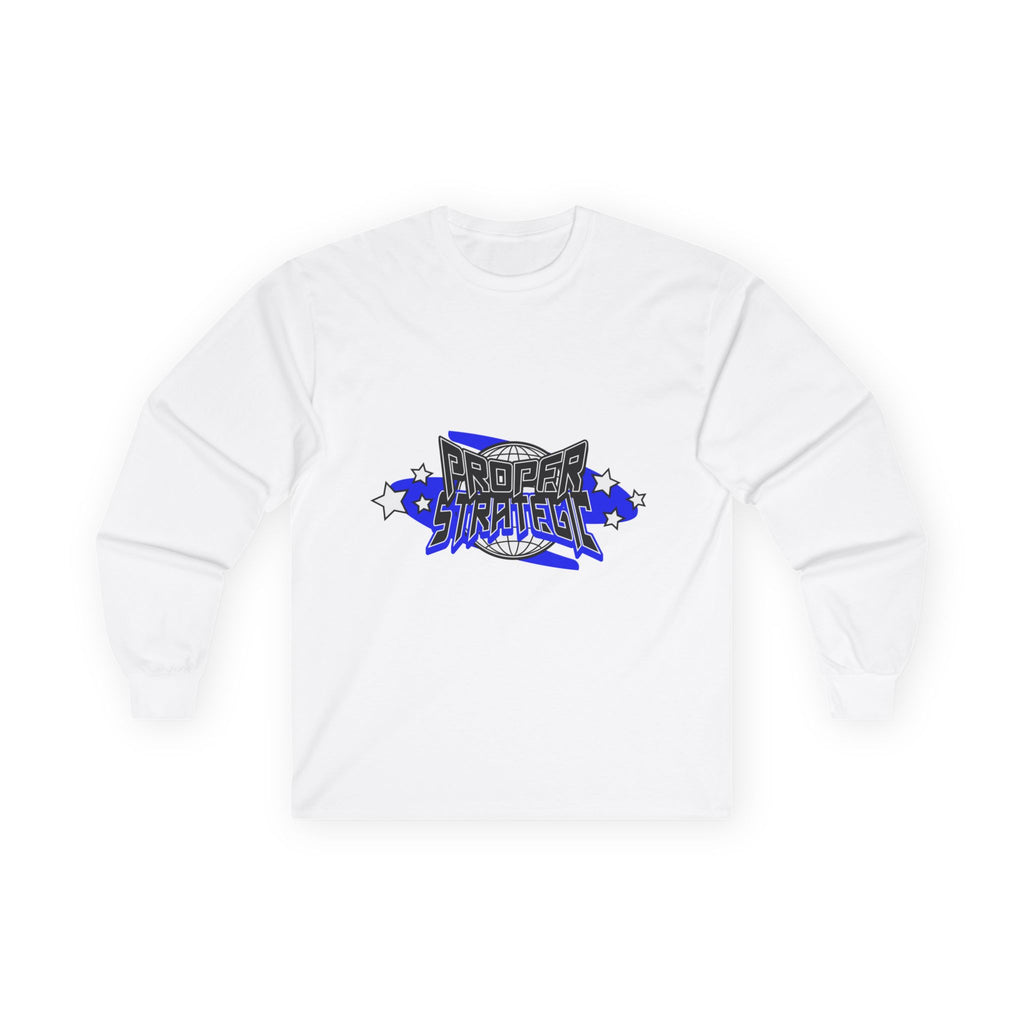 Proper Strategic Long Sleeve Tee — Retro Blue Graphic Shirt for Gamers & Strategists