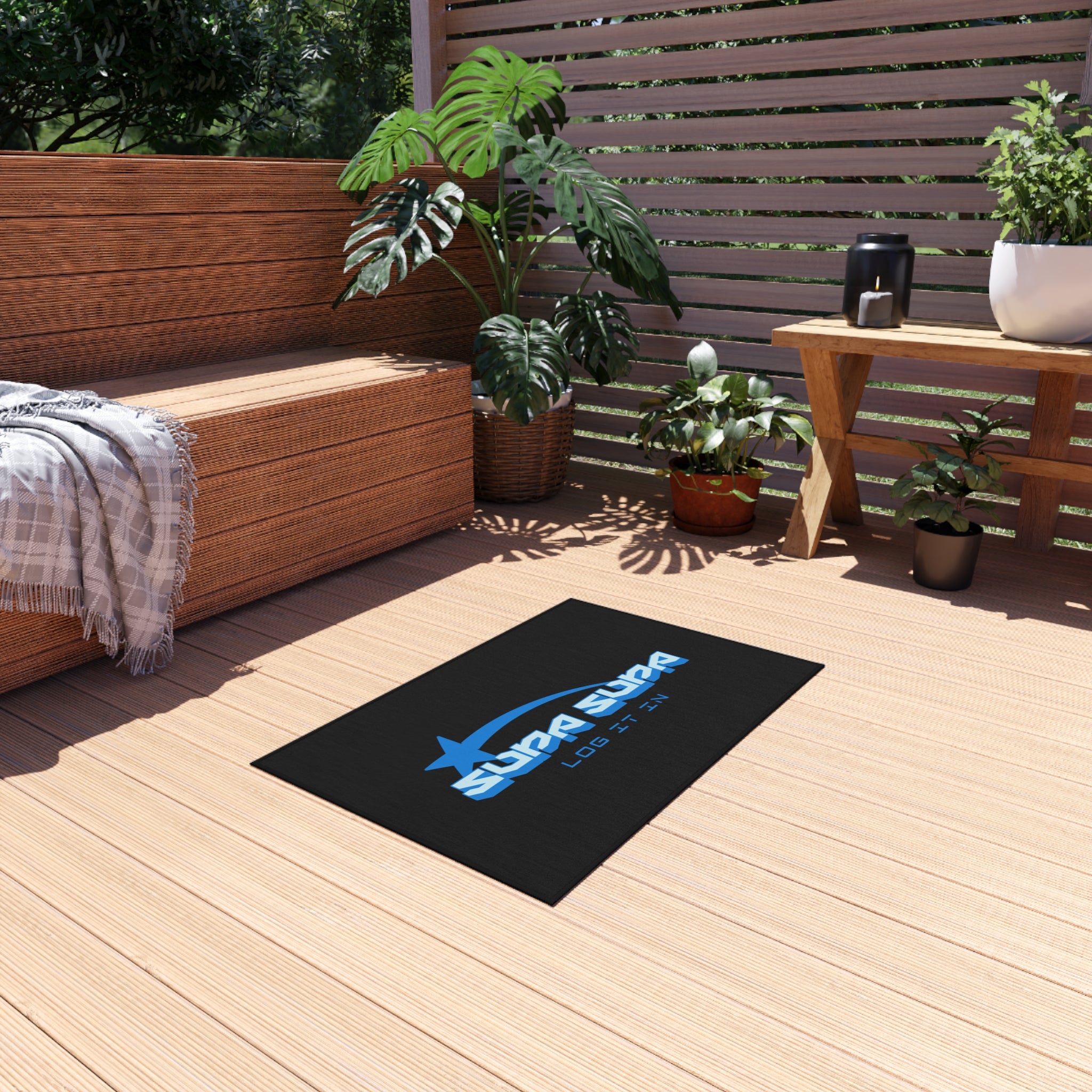 Log It In Outdoor Rug — Blue 'Supa Supa' Welcome Mat
