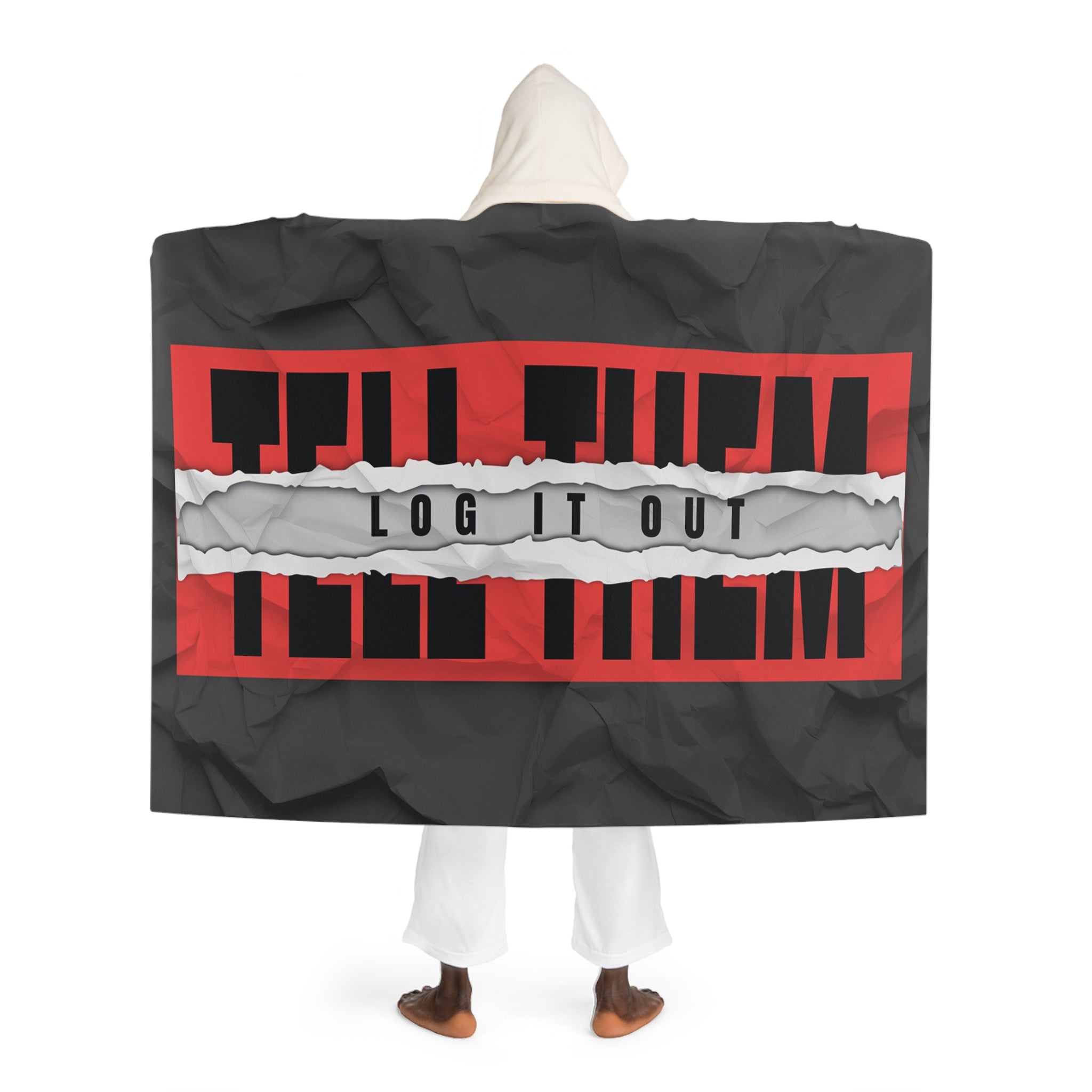 Hooded Sherpa Blanket — Bold Red & Black "LOG IT OUT" Graphic