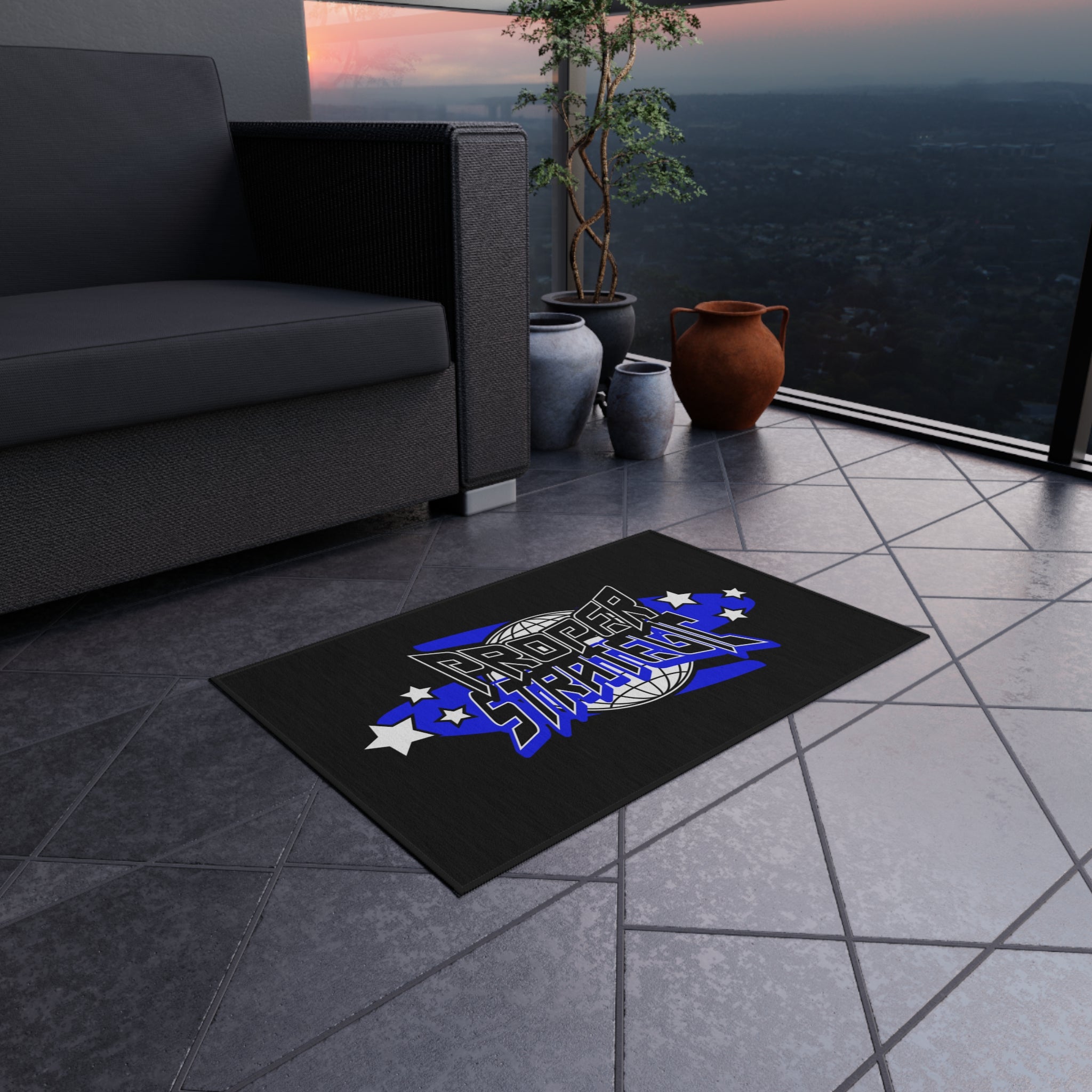 Proper Strategic Outdoor Rug — Bold Retro Globe Design