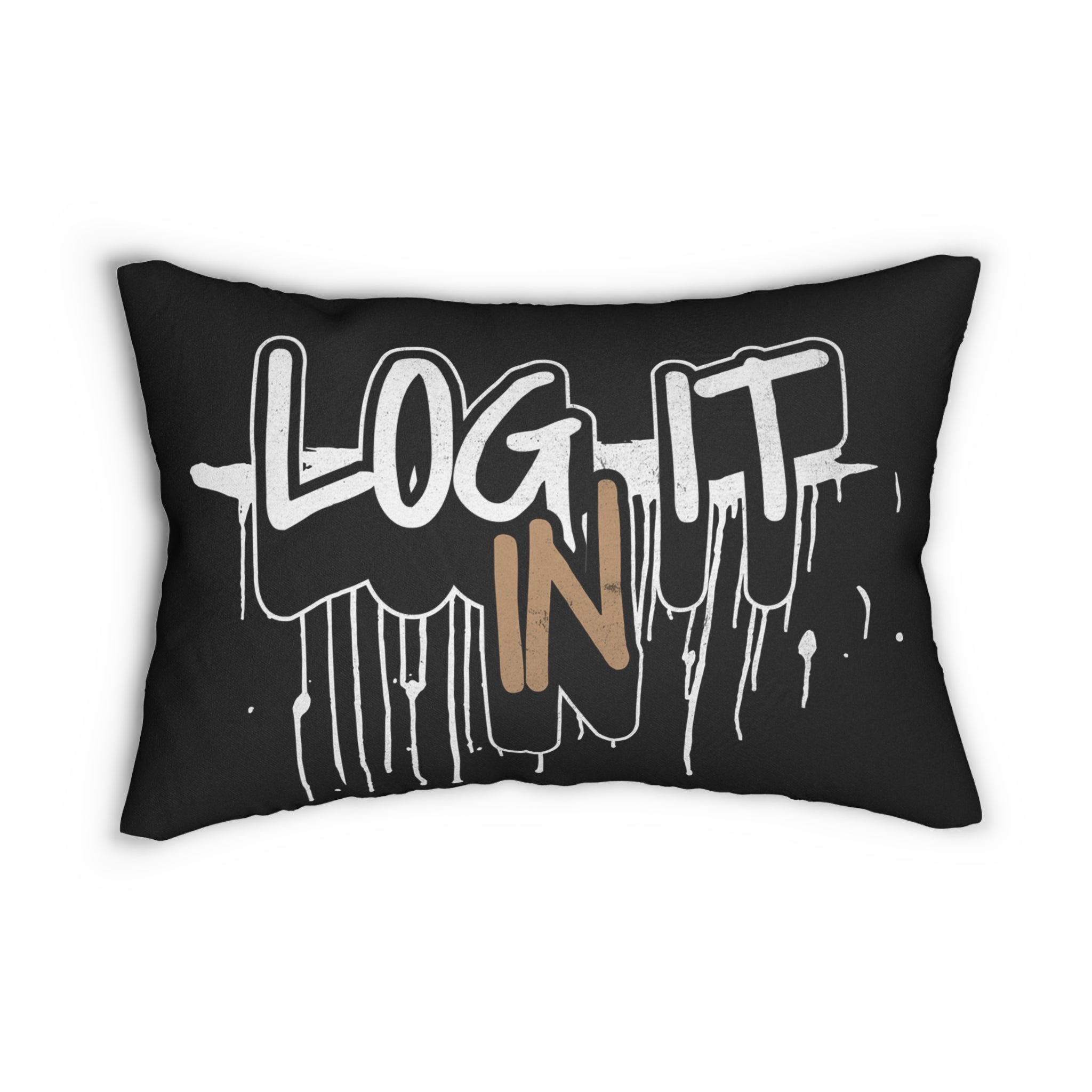 Log It In Lumbar Pillow — Graffiti-Style Black Decorative Cushion
