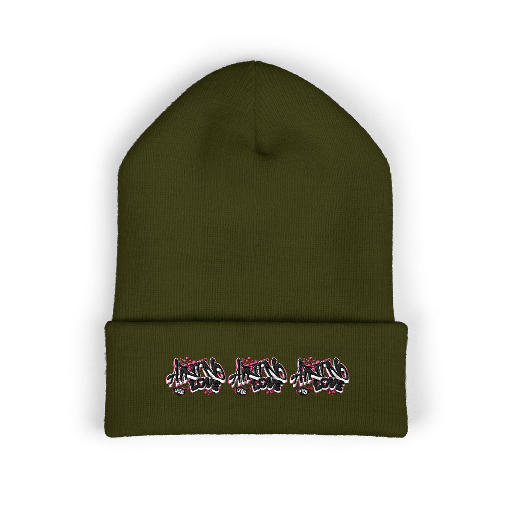 Embroidered Floral Beanie — "NO LOVE" Cuffed Knit Hat