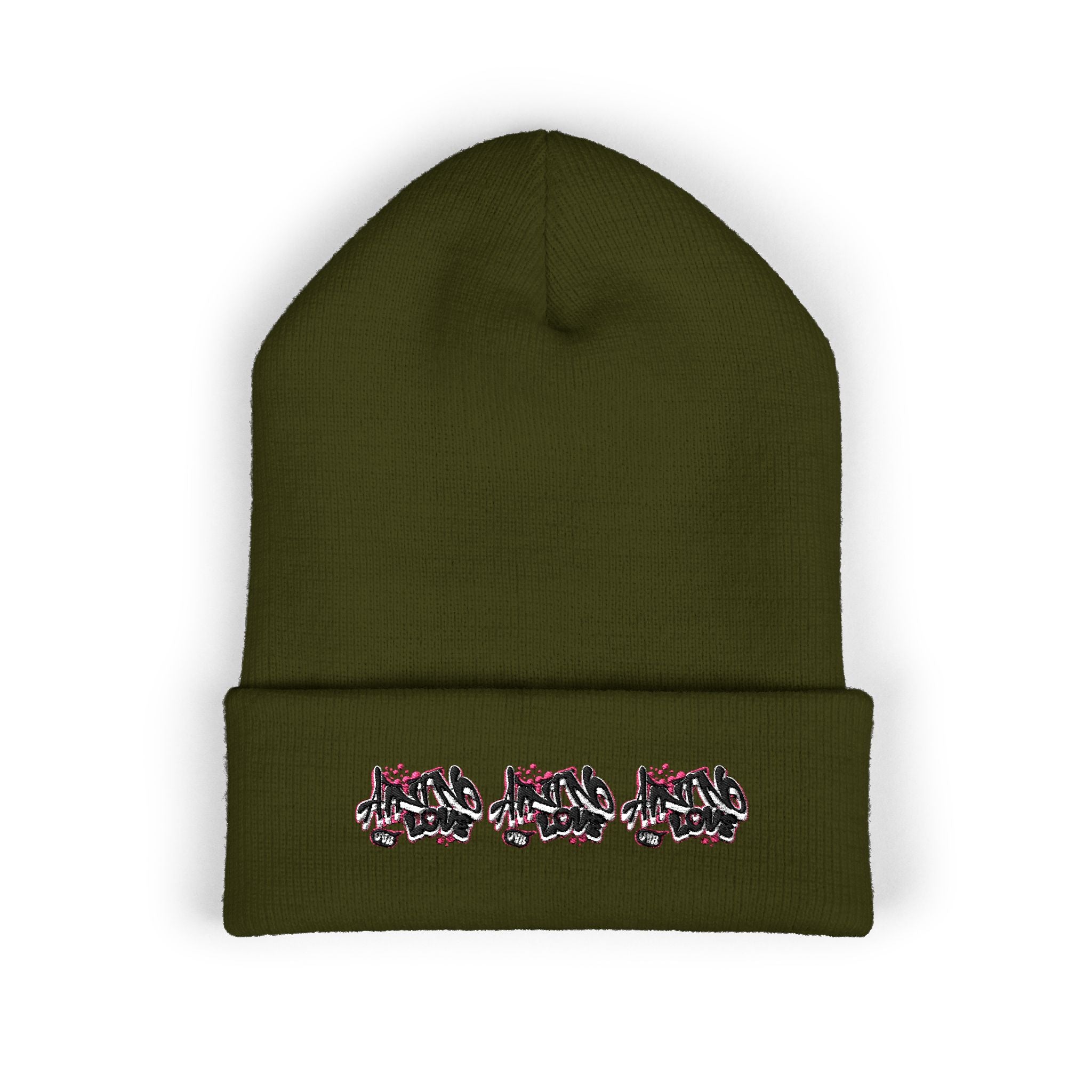 Embroidered Floral Beanie — "NO LOVE" Cuffed Knit Hat