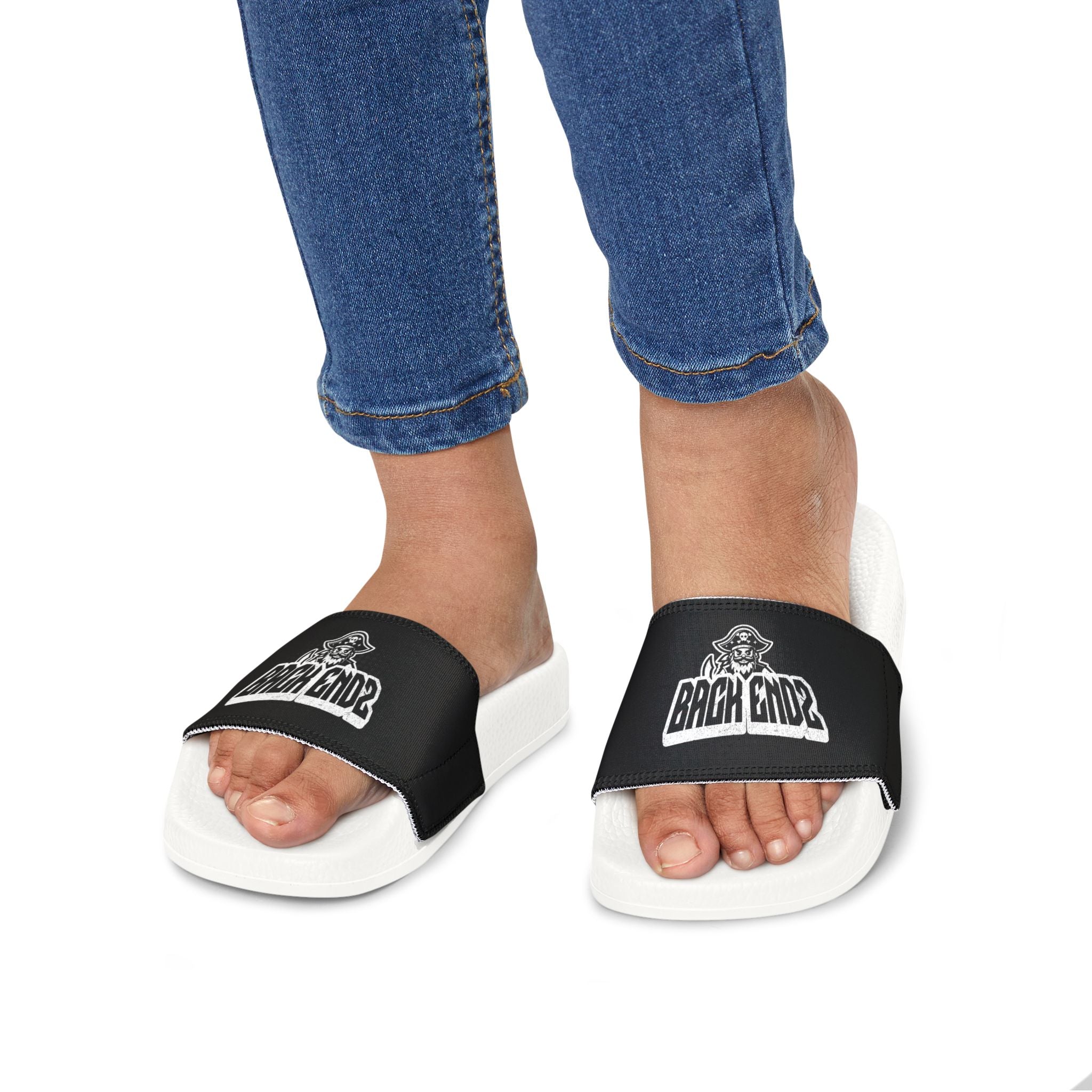 Youth Slide Sandals — Black Strap with 'Bank Endz' Graphic