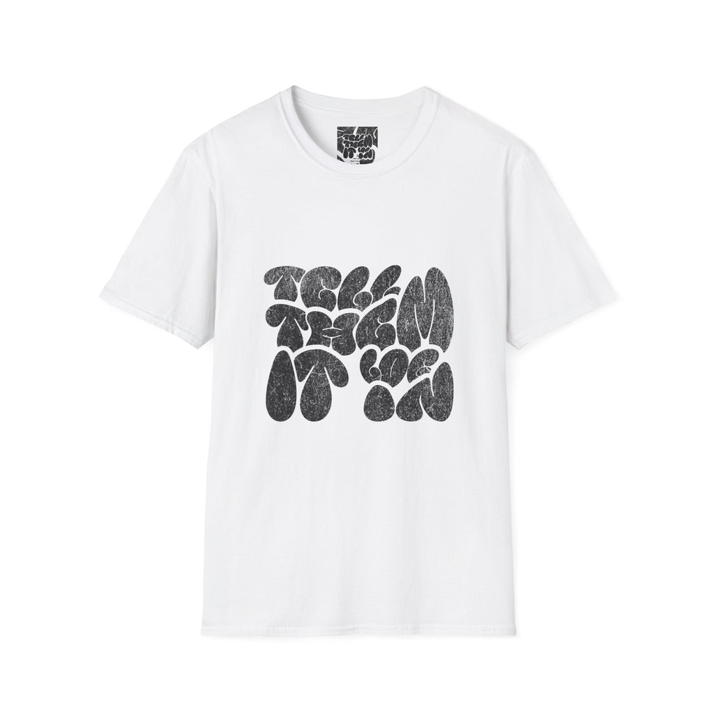 Abstract Bubble Letter Graphic "LOG IT IN" T-Shirt — Vintage Black Text Design