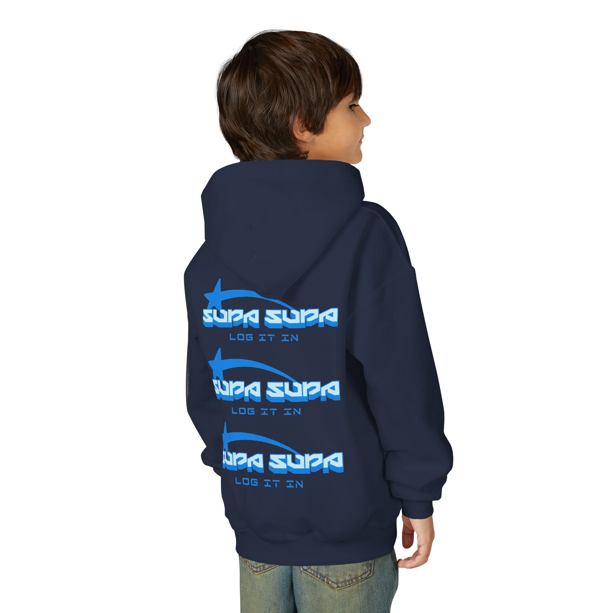 Youth Hoodie - Retro Blue "Supa Supa" Logo "Log It In" Graphic