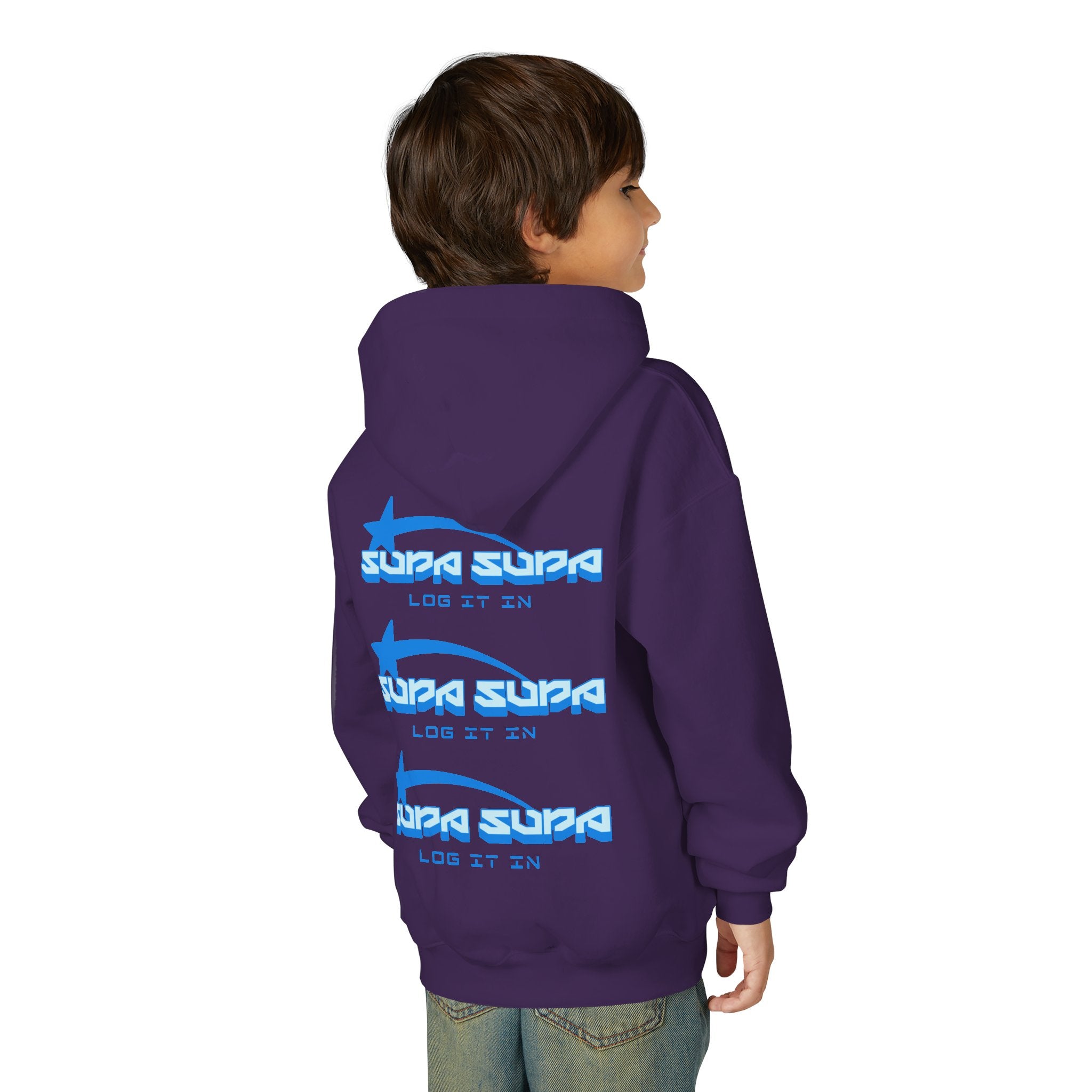 Youth Hoodie - Retro Blue "Supa Supa" Logo "Log It In" Graphic
