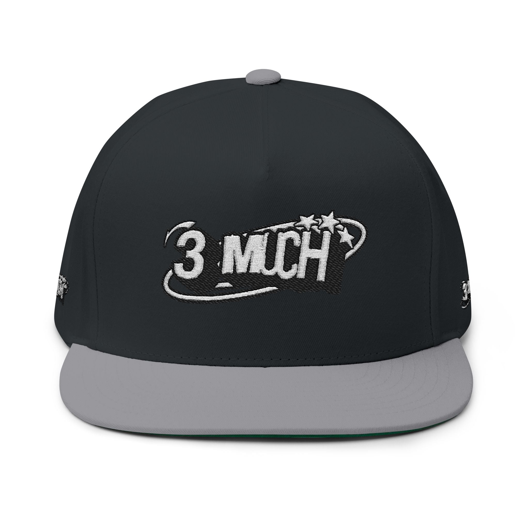 Embroidered Flat Bill Cap — 3 MuCH Retro Logo Snapback