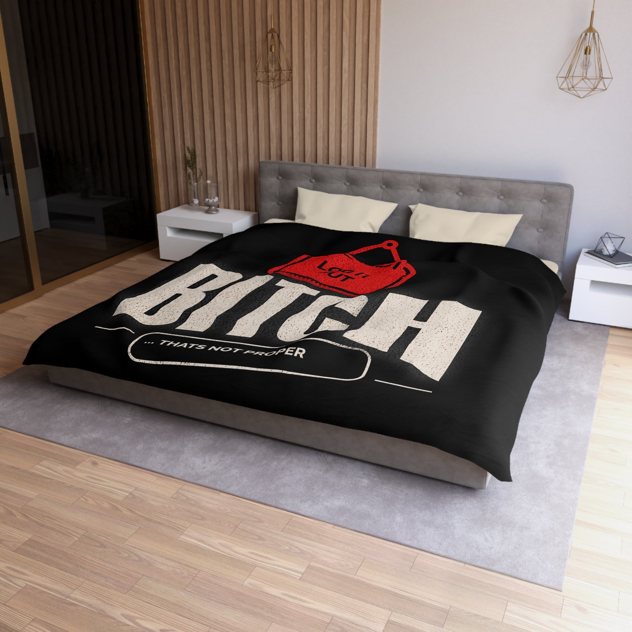 Bold 'Log It Out' Duvet Cover — Graphic Black Bedding with 'Bitch That's Not Proper' Design