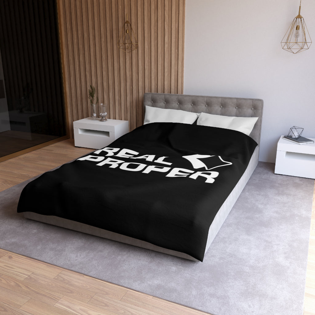 Duvet Cover — "REAL PROPER" Bold Text Black Microfiber Duvet