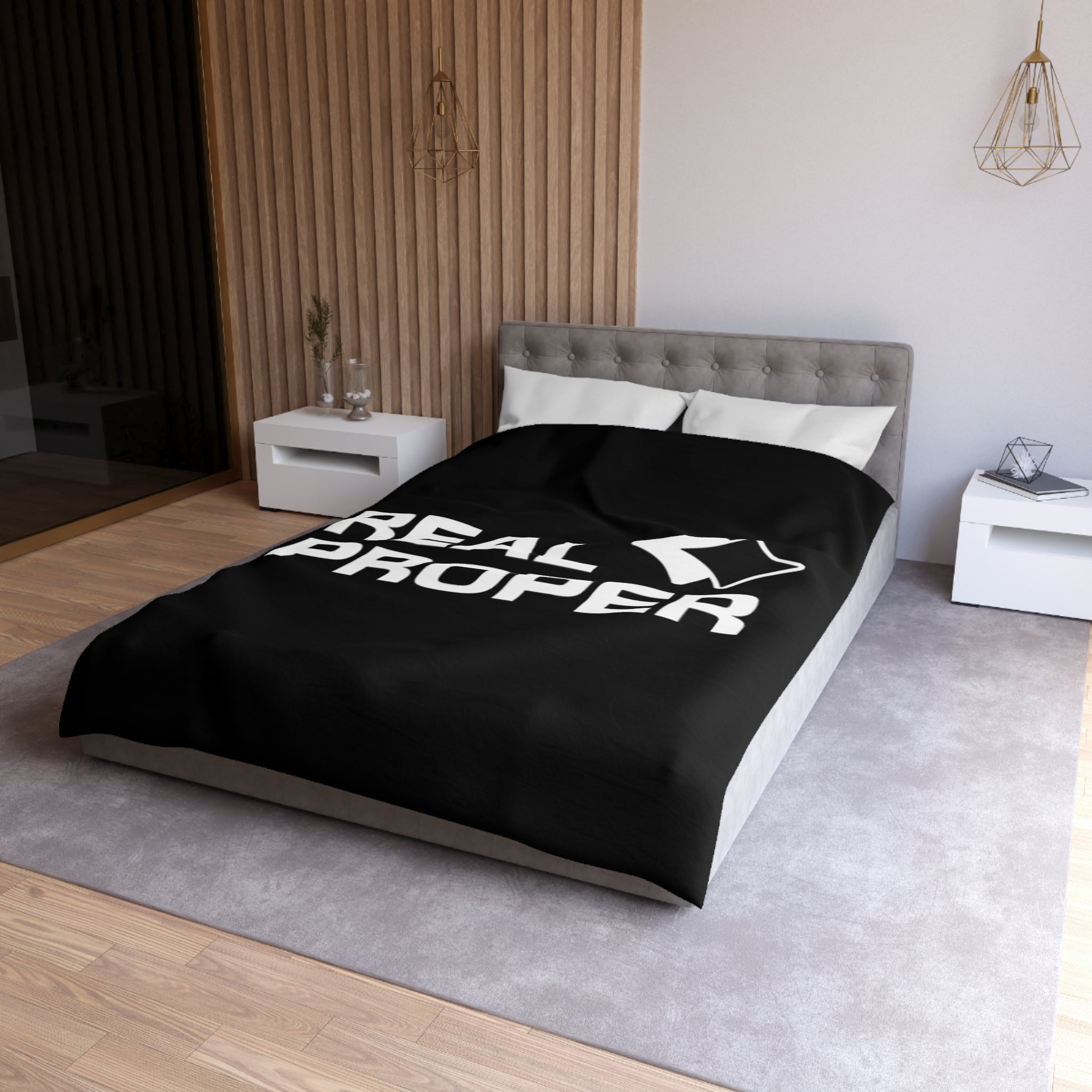 Duvet Cover — "REAL PROPER" Bold Text Black Microfiber Duvet