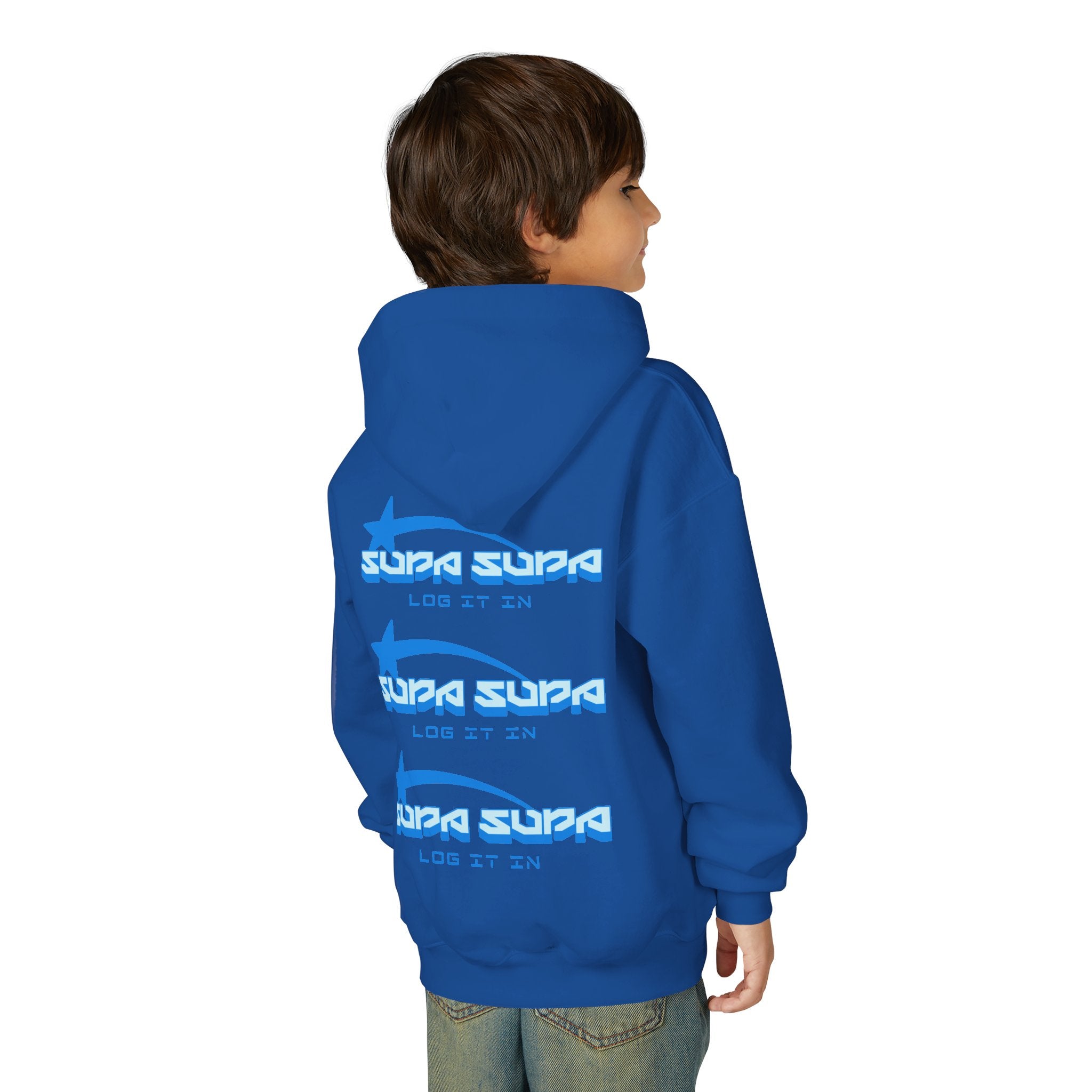 Youth Hoodie - Retro Blue "Supa Supa" Logo "Log It In" Graphic