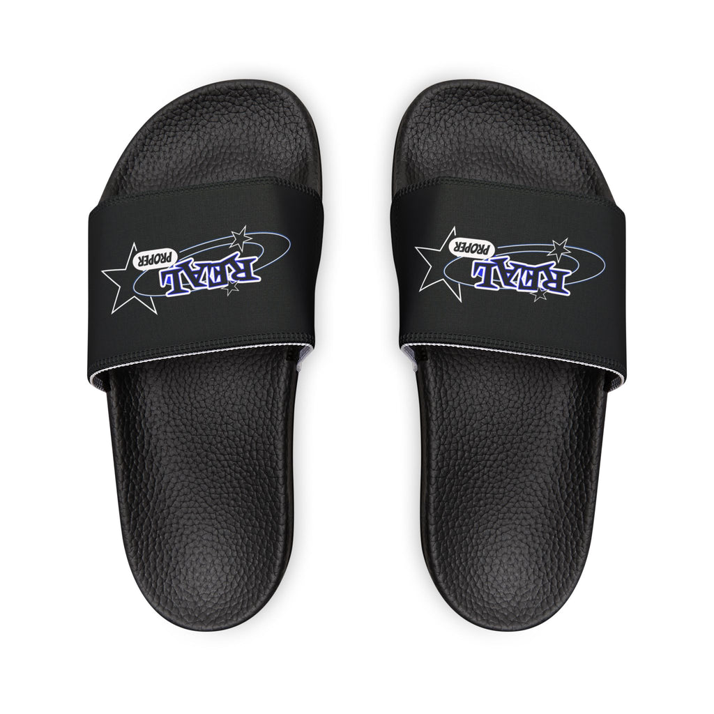 Youth Slide Sandals — Black Removable-Strap Slides with 'Real Proper' Graphic
