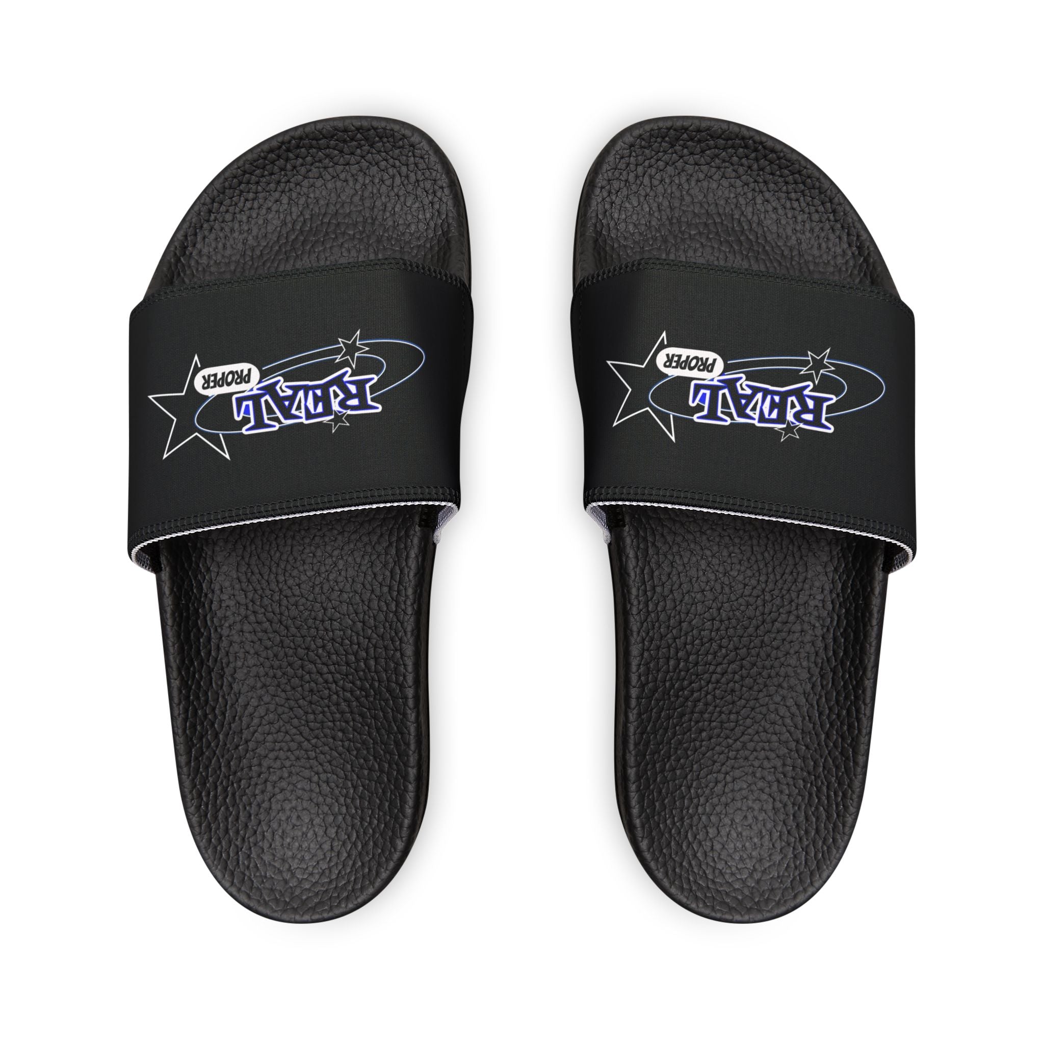 Youth Slide Sandals — Black Removable-Strap Slides with 'Real Proper' Graphic