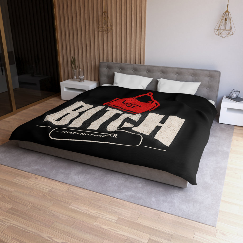 Bold 'Log It Out' Duvet Cover — Graphic Black Bedding with 'Bitch That's Not Proper' Design