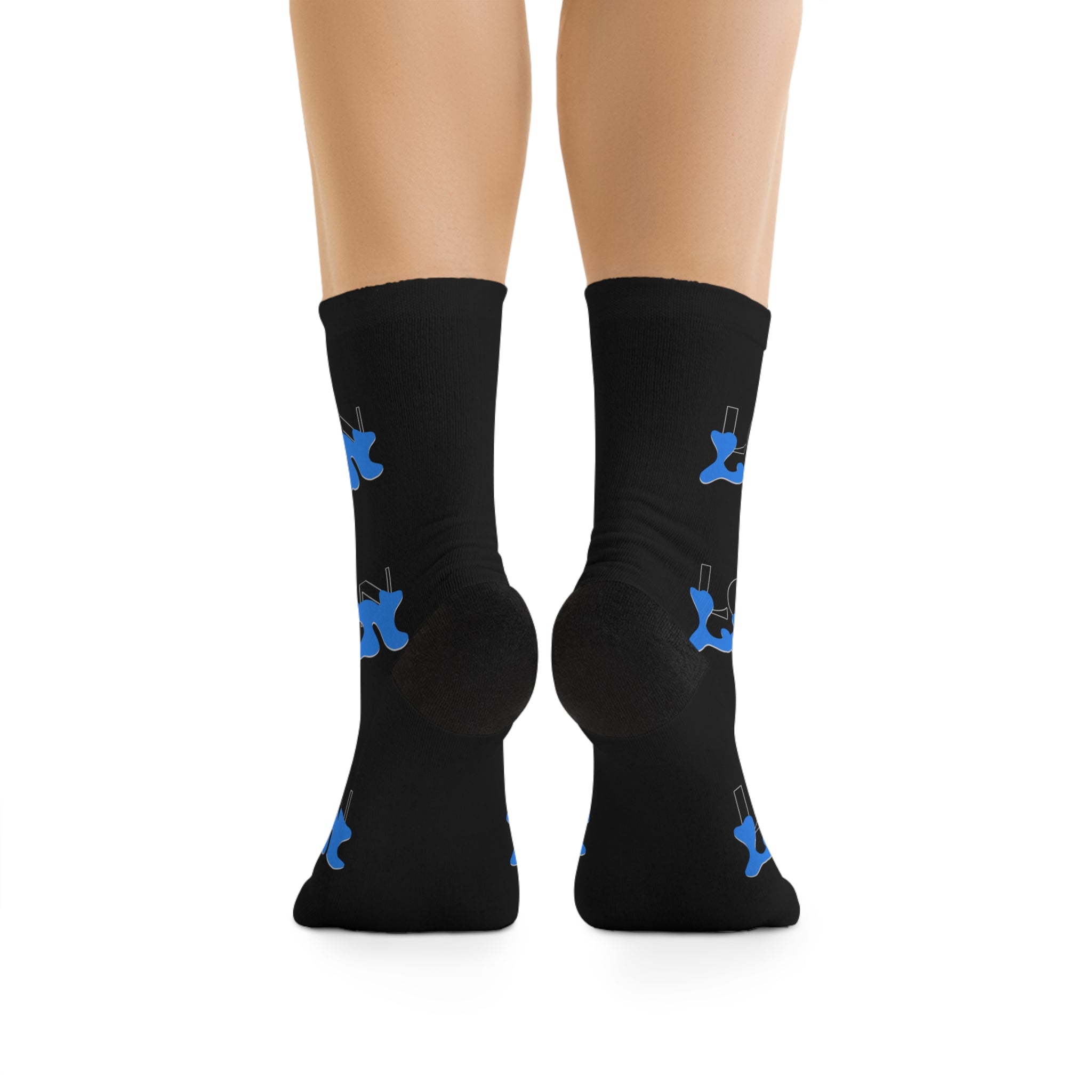 Black Login Poly Crew Socks with Blue Graffiti Logo — Eco-Friendly Streetwear