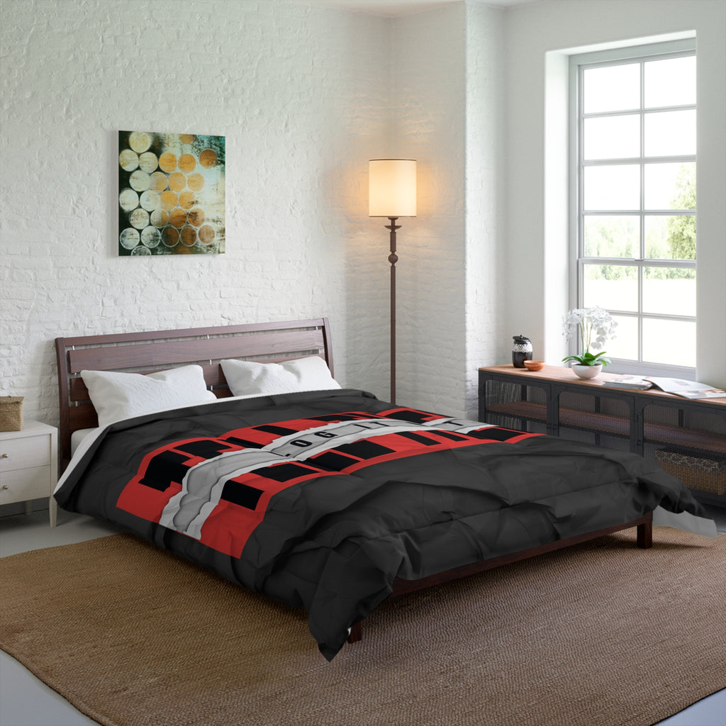 Log It Out Comforter – Bold Black & Red Graphic Bedding