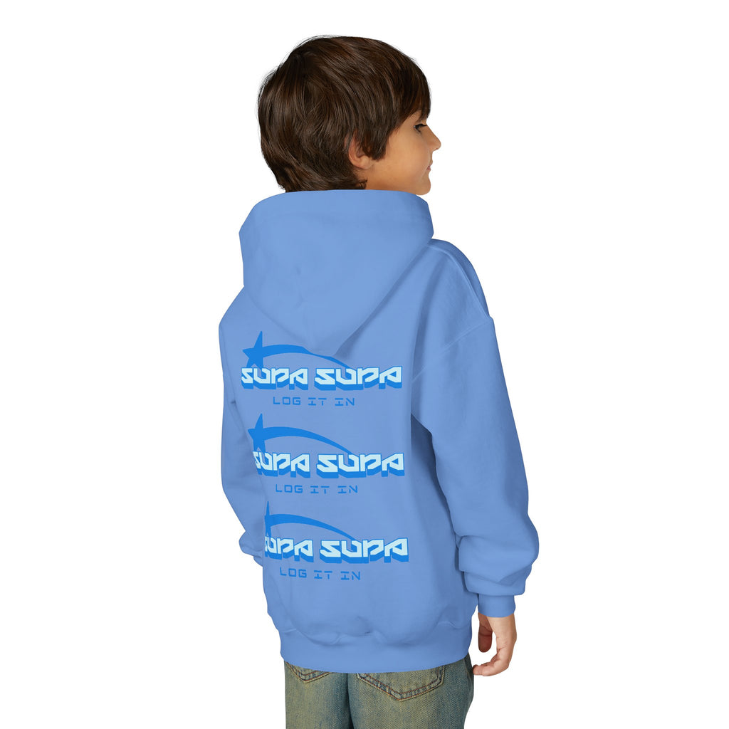Youth Hoodie - Retro Blue "Supa Supa" Logo "Log It In" Graphic