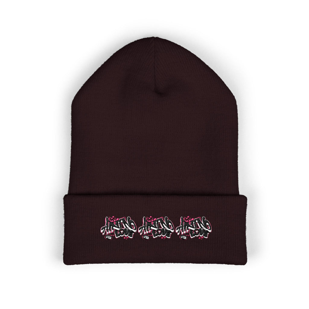 Embroidered Floral Beanie — "NO LOVE" Cuffed Knit Hat