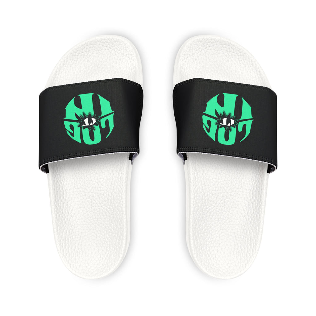 Slide Sandals — Women's White Removable-Strap Slides with Aqua Log it in